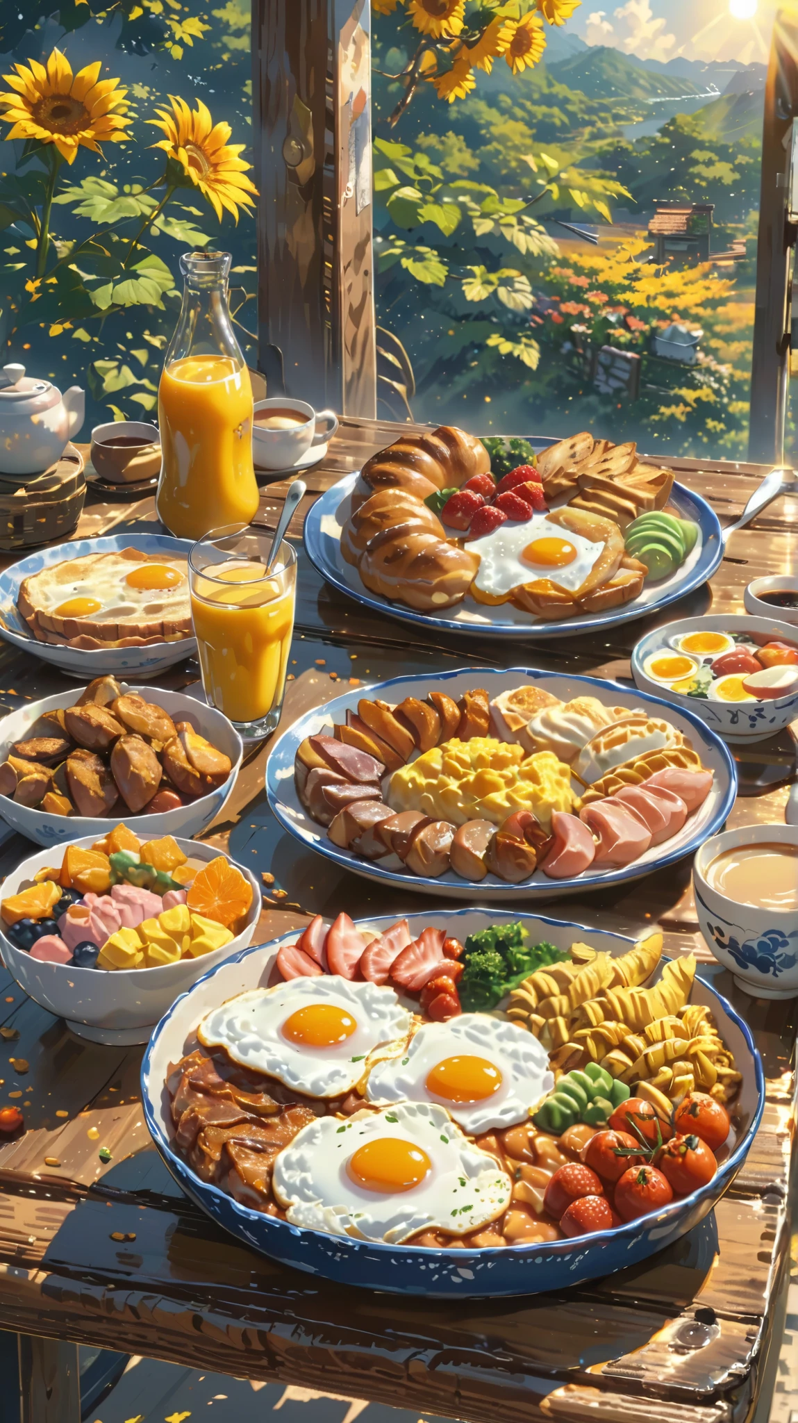 eating breakfast, good scenery, smooth hands, happy, beautiful sunshine, best food, anime style, masterpiece, UHD, accurate, high quality, high details, super detail, award winning, best quality, 16k