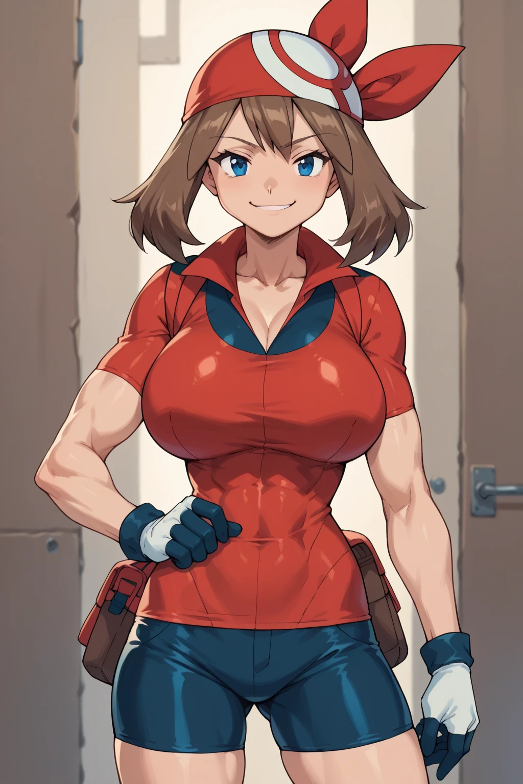 score_9, score_8_up, score_7_up, score_6_up, BREAK, pokemonmay, solo, blue eyes, brown hair, short hair, 
red bandana, red shirt, short sleeves, gloves, black shorts, open shirt, torso, smug smile, 
gigantic bust, toned, muscles, hourglass body, 
