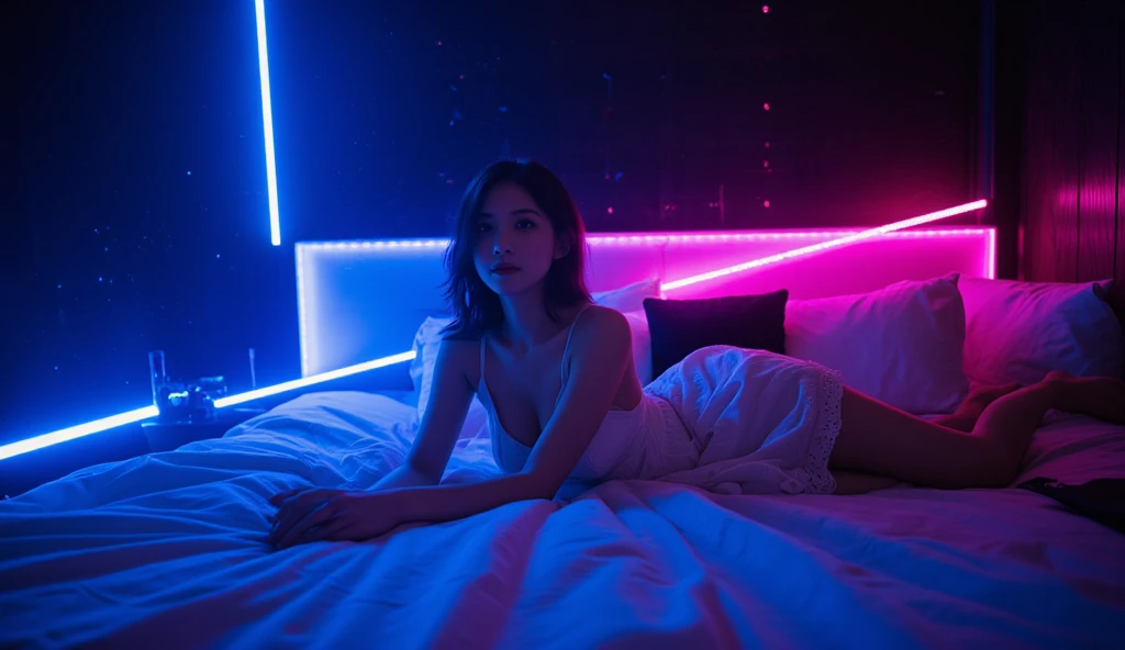 Cuban-looking Latin woman sitting on the edge of a hotel bed in Miami Florida illuminated by neon lights, masterpiece, best quality, (extremely detailed CG unity 8k wallpaper), (best quality), (best illustration), (best shadow), absurdres, realistic lighting, (Abyss), beautiful detailed glow, art by PeterMohrBacher,
Esperando para empezar