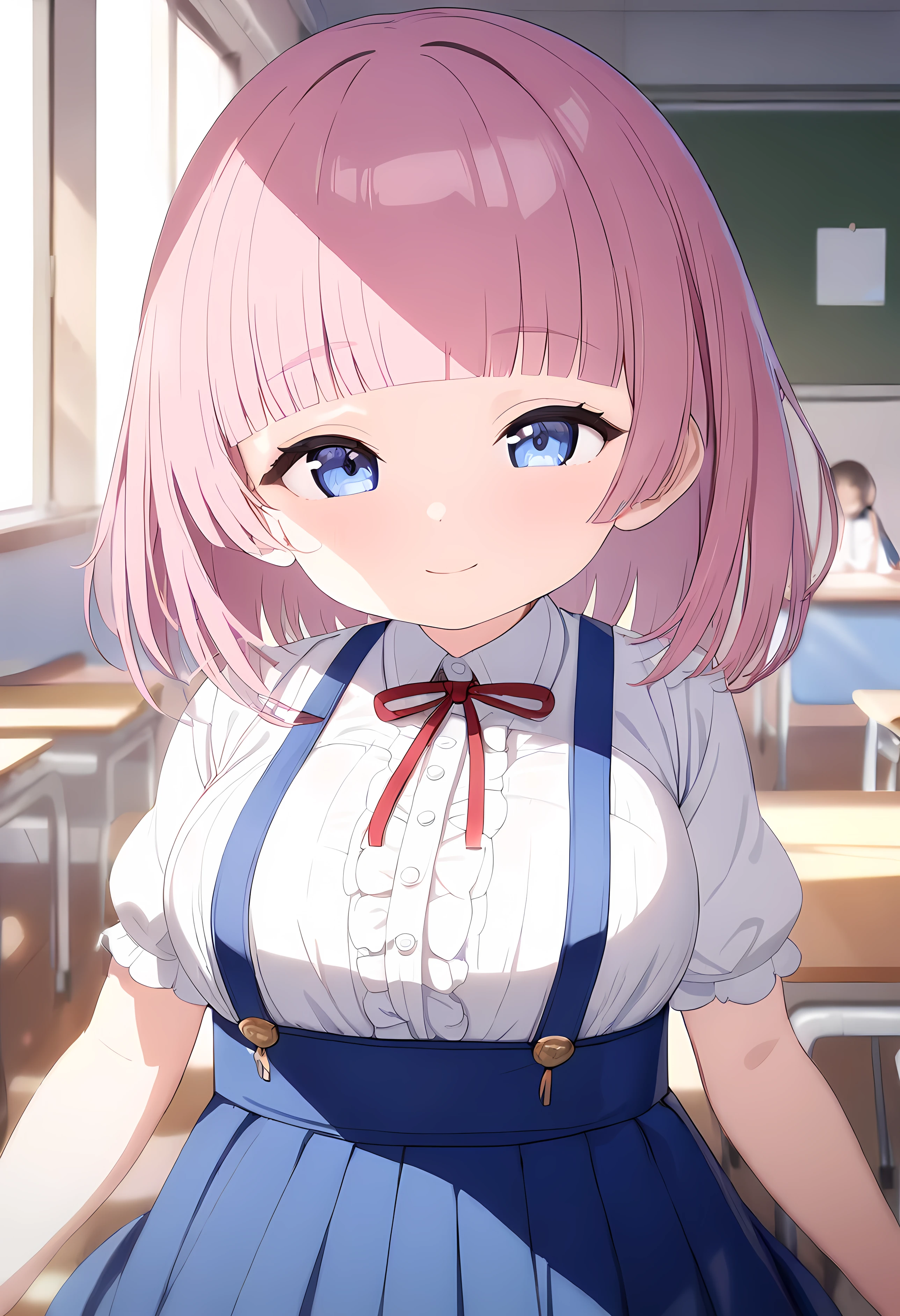 ultra-detailed, (1 person, , Petite body, , li:1.5), ( white blouse, blue suspender skirt, red chest ribbon :1.3), (Ba with young face, innocent smile, Beautiful light blue eyes:1.2), (blunt bangs, bob hair, pink hair:1.1), ( very big breasts:1.3), School, classroom, (8k, best quality, masterpiece, clear, ultra high res, super detail, accurate, high details, highres icon,,Detailed face)