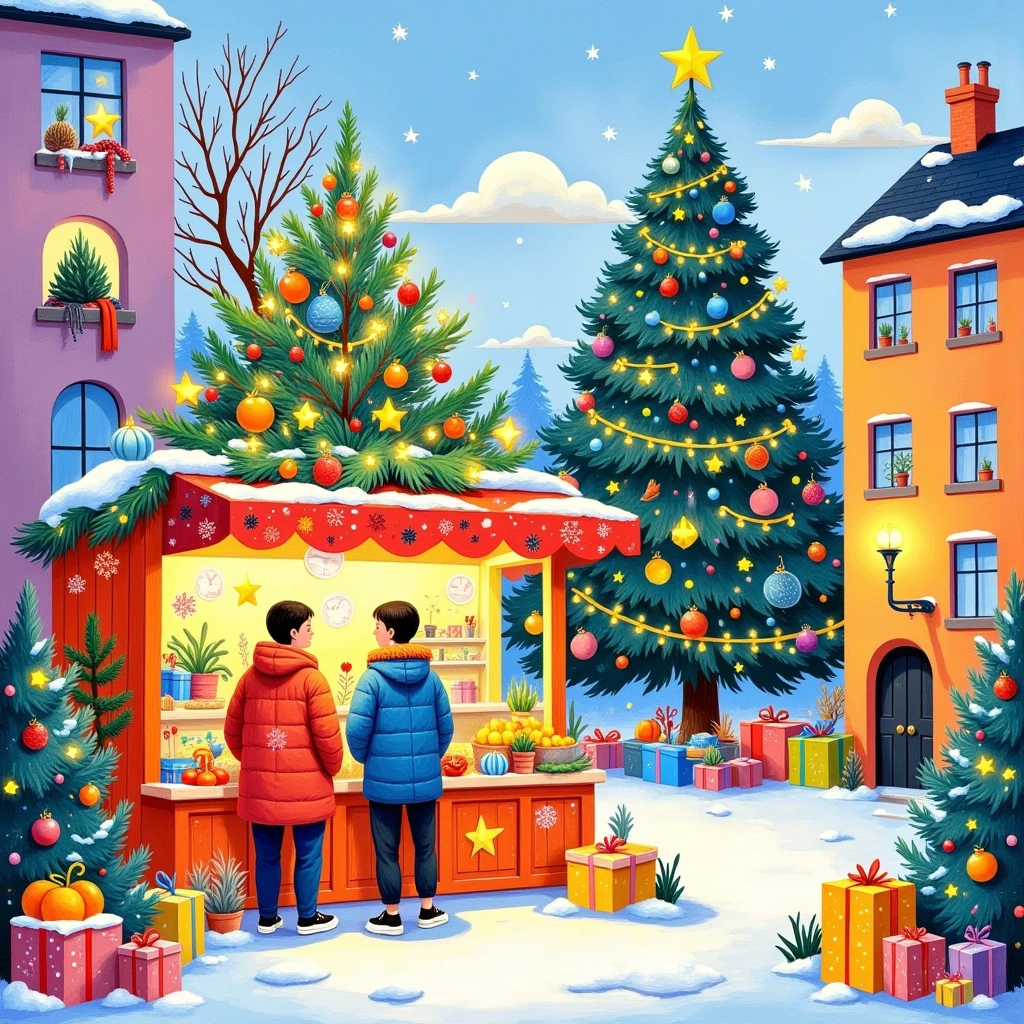 A Christmas tree and market stall with gifts, fruits, and vegetables in the snow, in the style of David Hockney. The painting features bright colors, a pastel palette, and soft brush strokes, using the medium of gouache. The Christmas tree is decorated with colorful lights, and greenery adorns the top. A warm light illuminates the stalls, which are full of presents, creating a festive Christmas atmosphere on a sunny day in the city street.