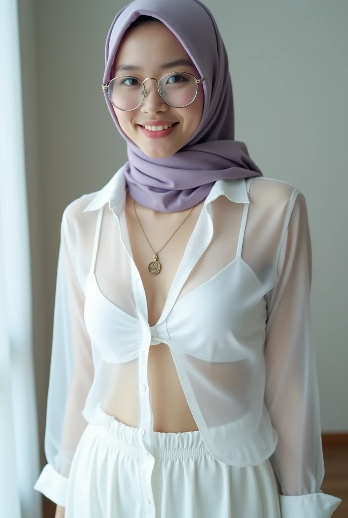 Young sweet beautiful Indonesian girl, 28 years old, slim body, georgeus face, big breasts, wearing white short hijab to covering all her hairs, a young doctor in a hospital, a shy and humble girl, wearing white thin see through long sleeve clossed buttoned doctor dress that covered to her chest and stomach, there is a red cross badge on her pocket, wearing see throuh sporty bra, no panty, there is a stetoscop on her chest, wearing white thin strict see through trousers, wearing black woman shoes, realistic, very detail face, no cartoon, all good fingers have normal shape, normal legs shape, standing confidence at loby of the bogor city hospital in the sunny morning, sun shining to her body, nipples and breast are visible tgrough the clothes, sweat on all her skins, many sweat flowing on her redish face, enjoying her job, laughing cheerful, her nipples and hairy vagina visible through her clothes,