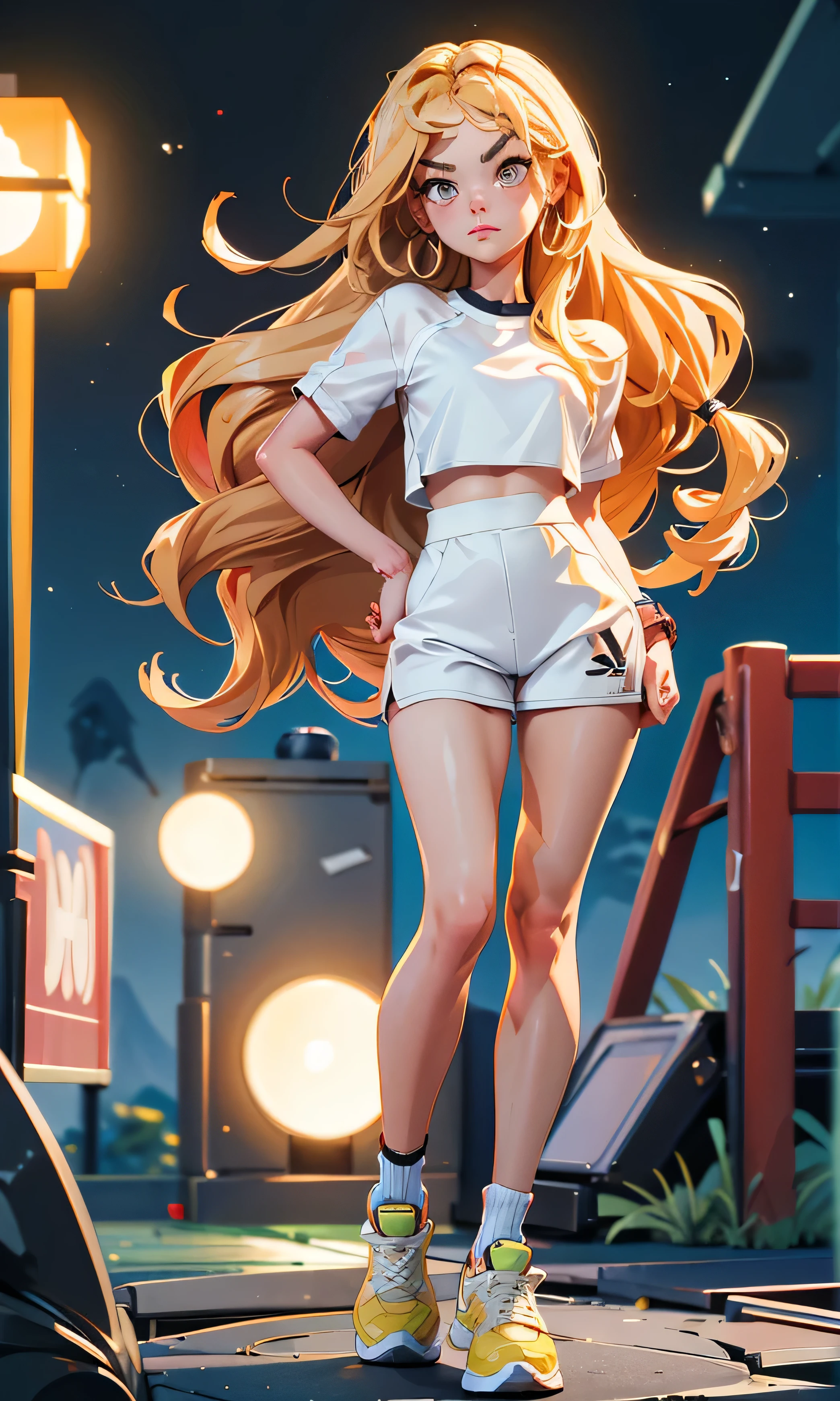 masterpiece, a beautiful girl , thin and tall, head on, looking at the viewer , long hair, blond hair , brown eyes, arched eyebrows , Full body , pretty legs, abdomen plano, Kpop outfit , white top, short blanco, sports shoes , (((desnuda))), at a playground, dark sky,