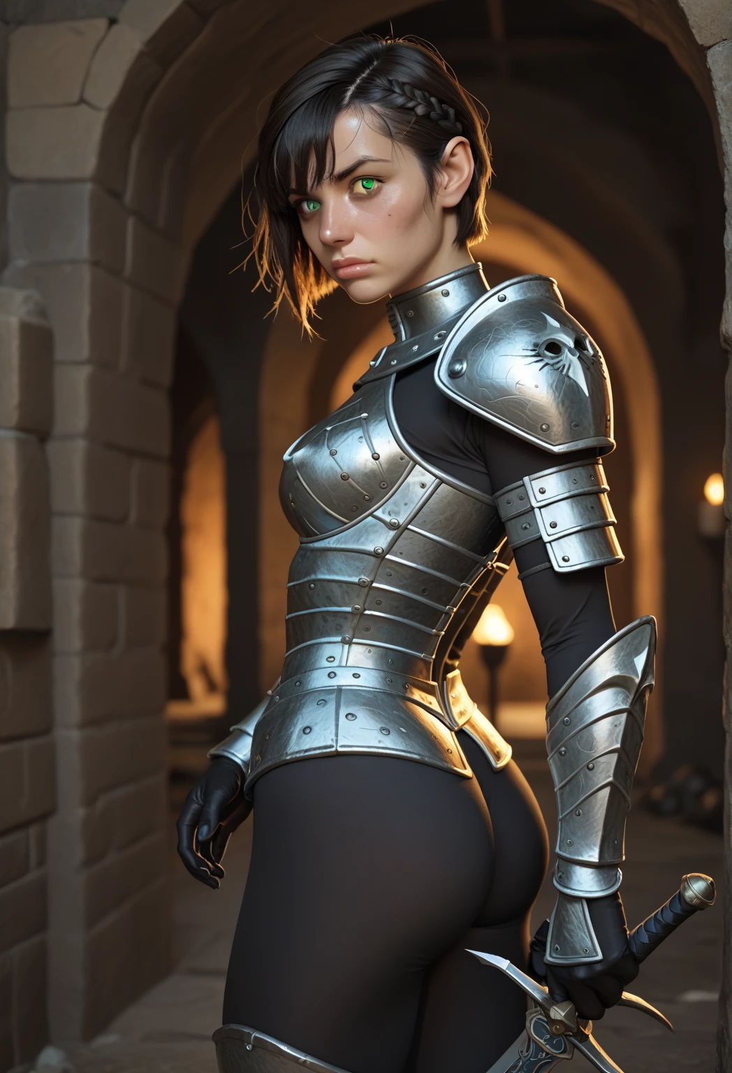 a strong and svelte human woman of about 23 years of age with black skin and with face resembling Motoko Kusanagi with a short assymetric hair cut with a small braid on a side and green eyes, wearing a light golden and blue chest thin plate armor with clothing pieces like tight trouser, a longsword in her hand, slightly above average sized breasts and ass, exploring an orc dungeon full of scary devices, (((correct anatomy)))