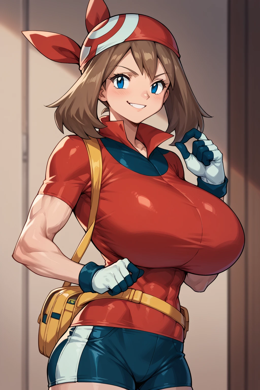 score_9, score_8_up, score_7_up, score_6_up, BREAK, pokemonmay, solo, blue eyes, brown hair, short hair, 
red bandana, red shirt, short sleeves, gloves, black shorts, torso, smug smile,
gigantic bust, toned, muscles, hourglass body, 
