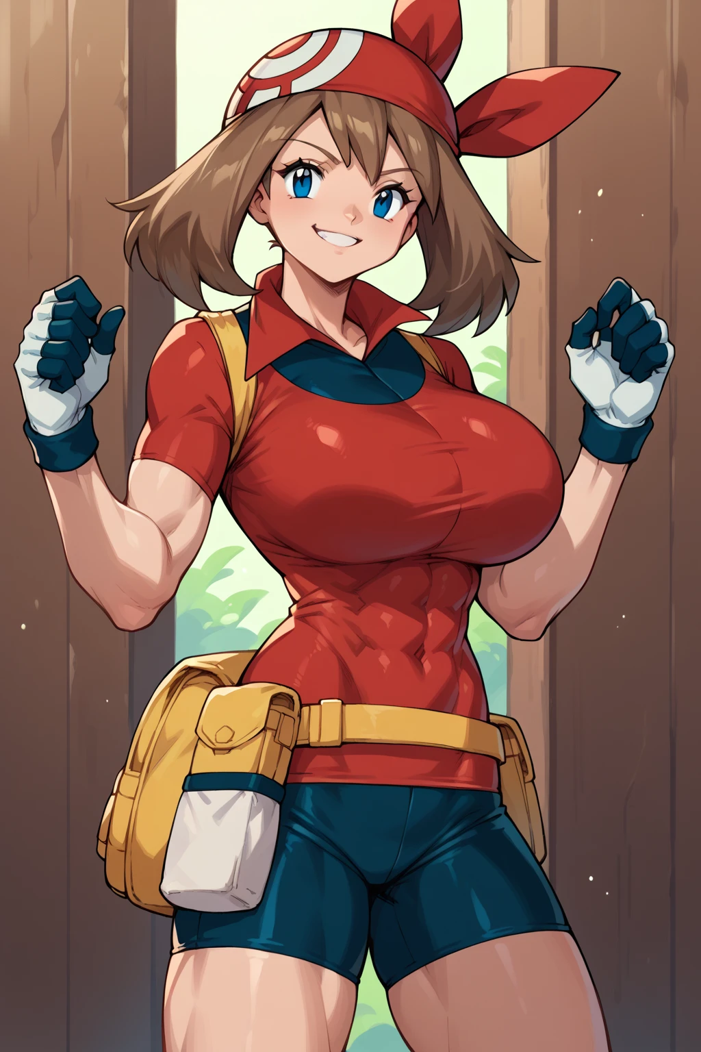 score_9, score_8_up, score_7_up, score_6_up, BREAK, pokemonmay, solo, blue eyes, brown hair, short hair, 
red bandana, red shirt, short sleeves, gloves, black shorts, torso, smug smile,
gigantic bust, toned, muscles, hourglass body, 
