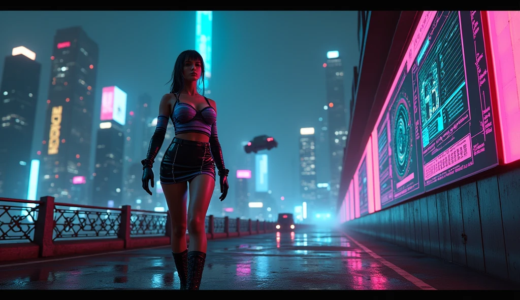 UE 5, computer render, Rendered by Octane, (8K, tmasterpiece), (realistically, Photo degree:1) luminescent concept art, (((((aerial view))))) of Cyberpunk city scene, ((Surreal circuit architecture)), (((((supercars street racing, 1 drone))))). Matrix style, (((((Matrix cascading code))))), (((((a futuristic twin tower skyscraper with a unique twisted design))))), (((((OLED GUI interfaces in the building))))), at night, (((((1girl, solo))))), photo realistic, (((large-breast:1.2 slim body, cleavage))), (((off broken mini sling-shirt and black lace sling bra, extreamly short pleated lace miniskirt exposing panty))), (((((running pose))))), (((((((matrix style black sunglasses))))))), ((((((((((aiming with a short gun)))))))))), (((((looking at camera))))), (((very low view))), (((((half-body thigh level medium shot))))), (((cinematic lighting))).