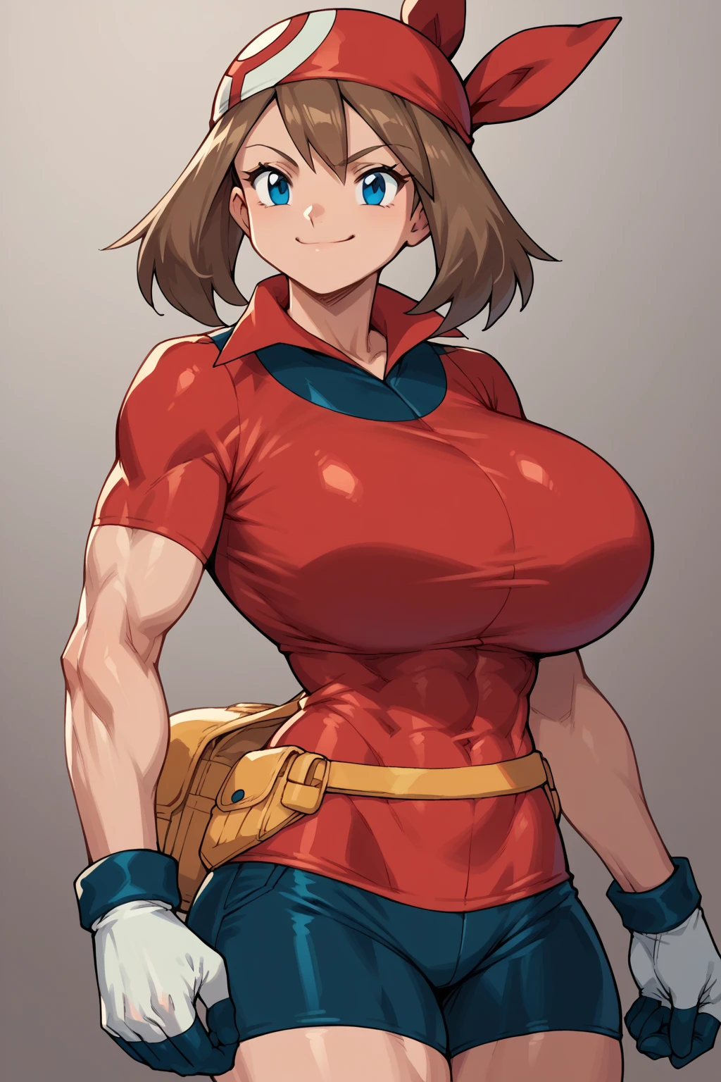 score_9, score_8_up, score_7_up, score_6_up, BREAK, MayPXL, solo, blue eyes, brown hair, short hair, 
red bandana, red shirt, short sleeves, gloves, black shorts, torso, smug smile,
gigantic bust, toned, muscles, hourglass body, 
