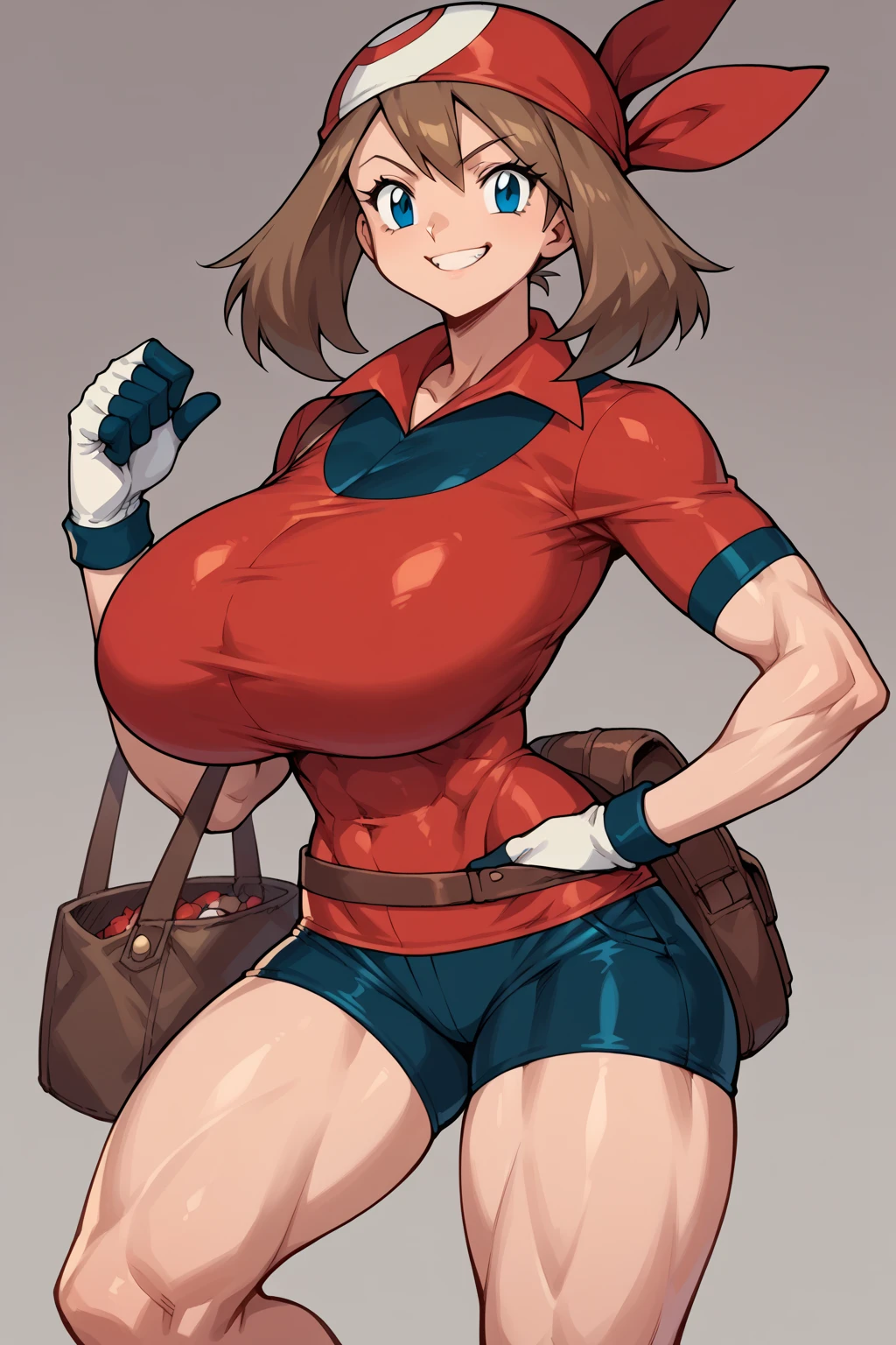 score_9, score_8_up, score_7_up, score_6_up, BREAK, MayPXL, solo, blue eyes, brown hair, short hair, 
red bandana, red shirt, short sleeves, gloves, black shorts, torso, smug smile,
gigantic bust, toned, muscles, hourglass body, 
