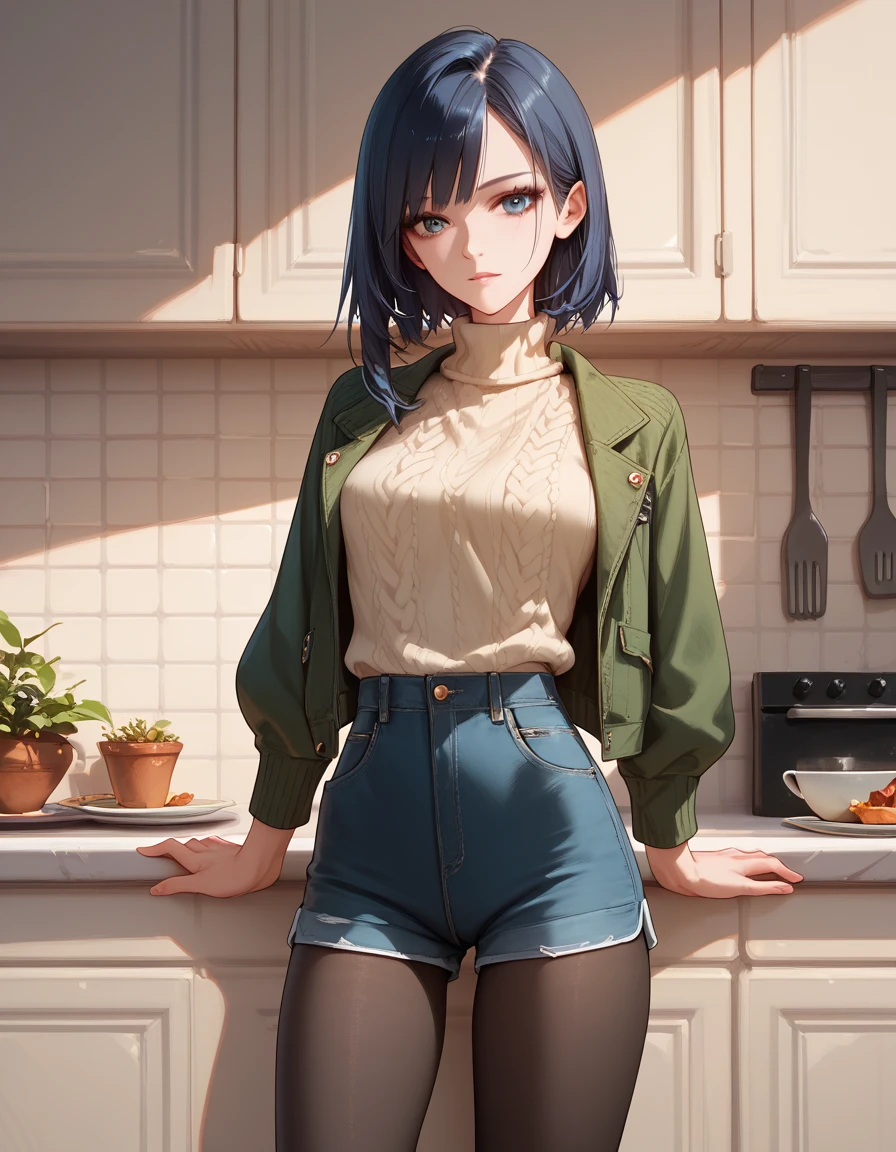  tights,    high definition   , One,  masterpiece fails,    top quality ,  duration, Homemade jacket, thin sweater,  short shorts ,  short hair , long hair on the sides, DARK BLUE HAIR, thin sweater, in the kitchen