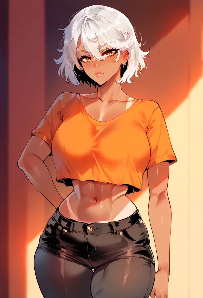 Beautiful woman, silver hair, bangs, messy hair, tanned skin, amber eyes, big breasts, fit body, hourglass figure, wide hips, athletic, orange top, bare midriff, cleavege, decolette, collarbone, black shorts, crop top overhang