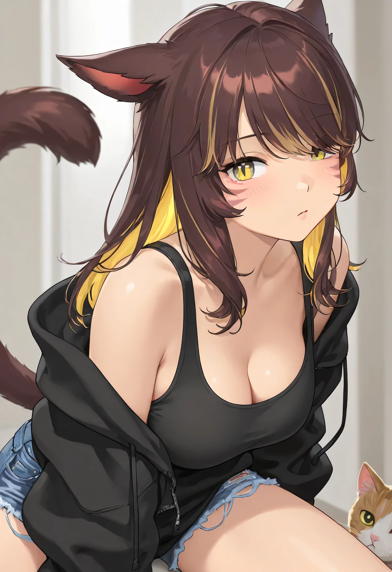 masterpiece,1girl, colored inner hair Brown hair Yellow hair, cat_ears, Black oversized hoodie, inner tank top, Hair on one eye, Long hair tips, Miqo'te, damage short denim 