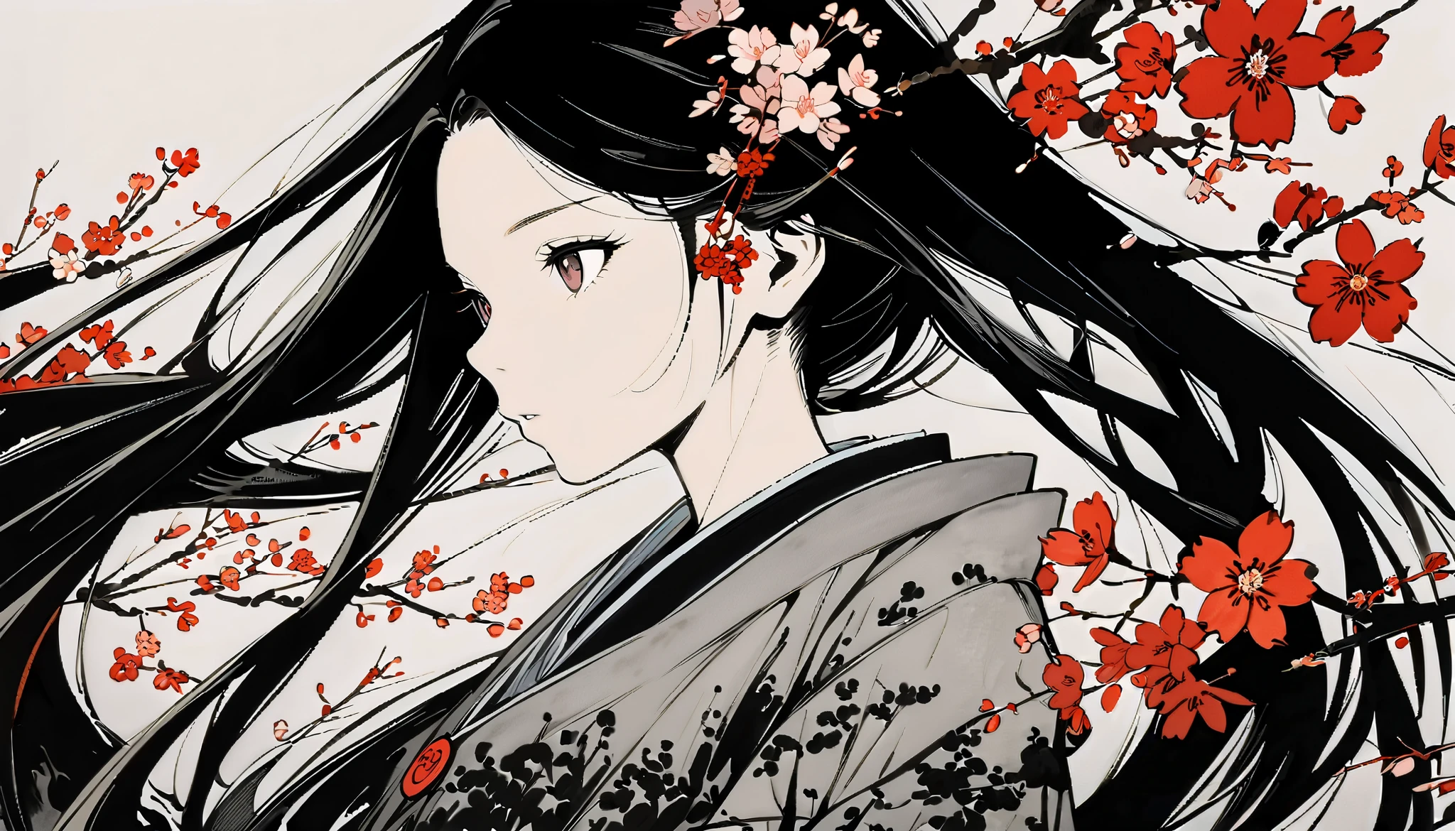 Anime girl with long black hair and red flowers in her hair - SeaArt AI