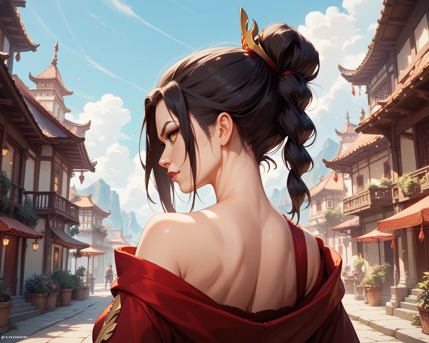 ((Best Quality, 8K, Masterpiece: 1.3)), Chun Li, Masterpiece, Ultra Detail, Ultra HD, 8K, ((Black Pantyhose)), White High Boots, Street Fighter Chun Li, 1girl, Solo, Best Quality, Realistic, Ultra Detailed, (Shiny Skin, Sweating: 1.4), Looking at the Audience, Brown Eyes, Slender, Dynamic Light and Shadow, High Resolution, Sharp Focus, Depth of Field, Fine Eyes, Sharp Pupils, Realistic Pupils, (Thigh Thickness: 1.3), Outdoor, Sky, Detailed Eyes, Backlight, Best Light and Shadow, Intricate Details, Ultra Detailed Details, Capcom Chunli, Upper Body Close-up, Small Thin Waist, Slim Abdomen, Character Standing, Sideways, Looking Back, Big Eyes, Long Eyelashes, Delicate Nose, Instagram Style Girl, Kung Fu Pose, (Upper Body: 1.5), Above the Waist Frame, Perfect Digital Illustration, Computer Background, Wind, Petals, Long Flowing Hair, Artistic Conception, Messy Red Petal Background, Ancient Chinese Architecture, Temple, Temple, Mountain Road Behind You