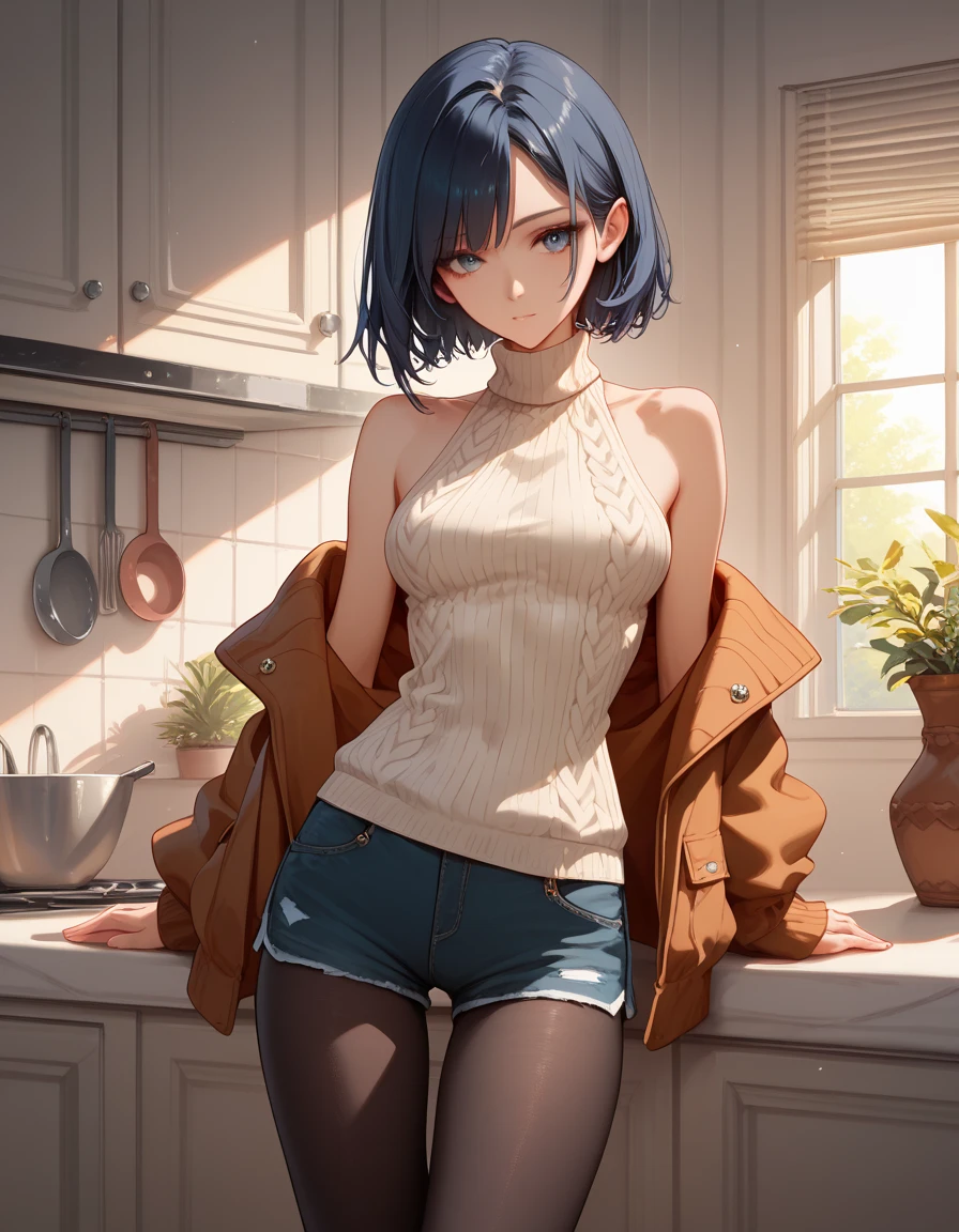  tights,    high definition   , One,  masterpiece fails,    top quality ,  duration, Homemade jacket, thin sweater,  short shorts ,  short hair , long hair on the sides, DARK BLUE HAIR, thin sweater, in the kitchen,  bare shoulders are visible