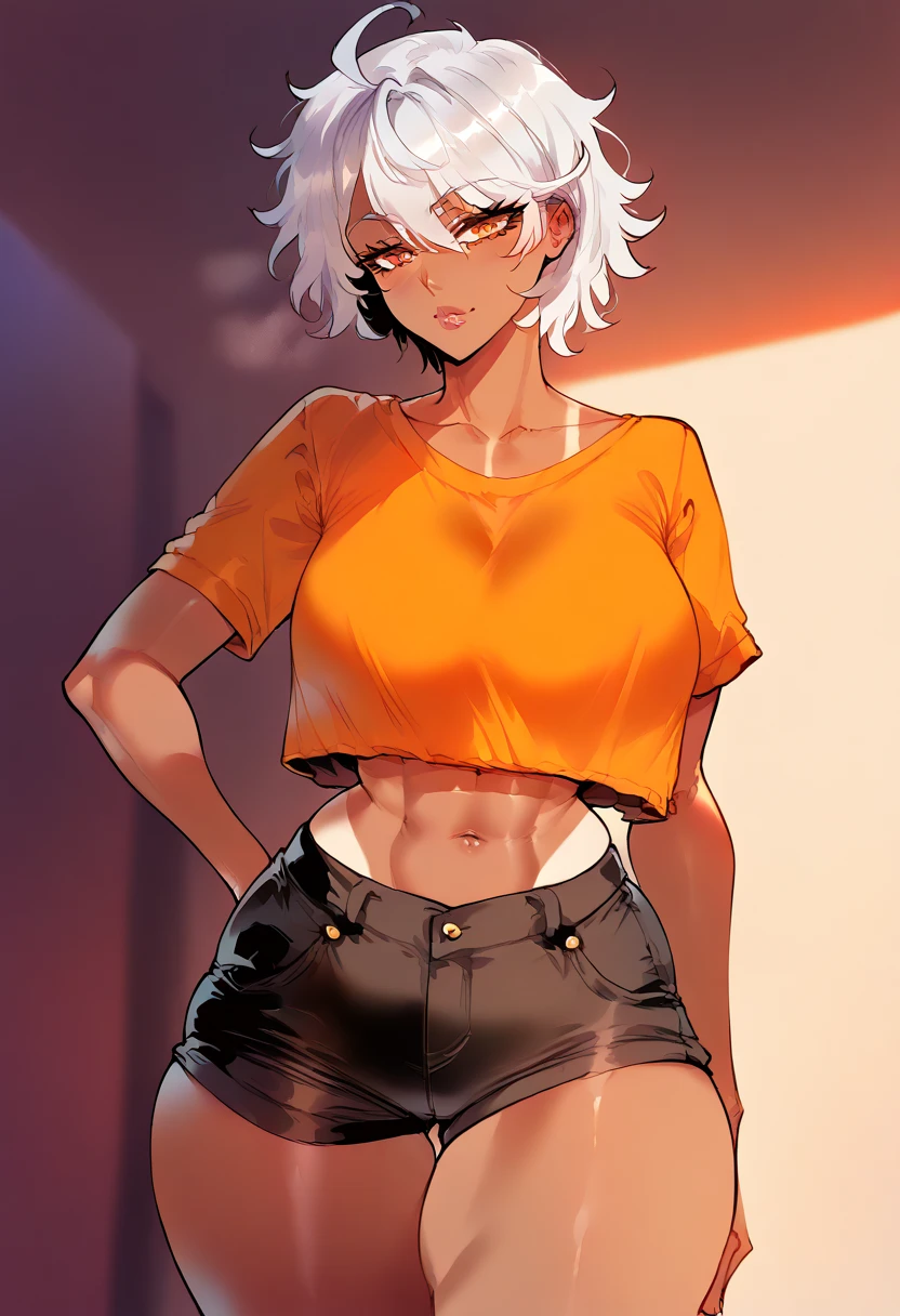 Beautiful woman, silver hair, bangs, messy hair, tanned skin, amber eyes, big breasts, fit body, hourglass figure, wide hips, athletic, orange top, bare midriff, cleavege, decolette, collarbone, black shorts, crop top overhang