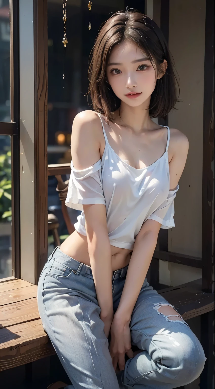 absurdres, RAW photo, extremely delicate and beautiful, masterpiece, Best Quality, ultra high resolution, 32k, hyperrealistic, ultra-detailed, perfect figure, Perfect Style, Perfect balance, in her 20s, very small head, very small face, delicate facial features, tearful mole, earring, very huge breasts, legs, hands, foot, full body shot, medium hair, black hair, colored inner hair, casual, blouse, white shirt, buttoned shirt, bare shoulders, collarbone, midriff, navel, shorts, straw hat,
