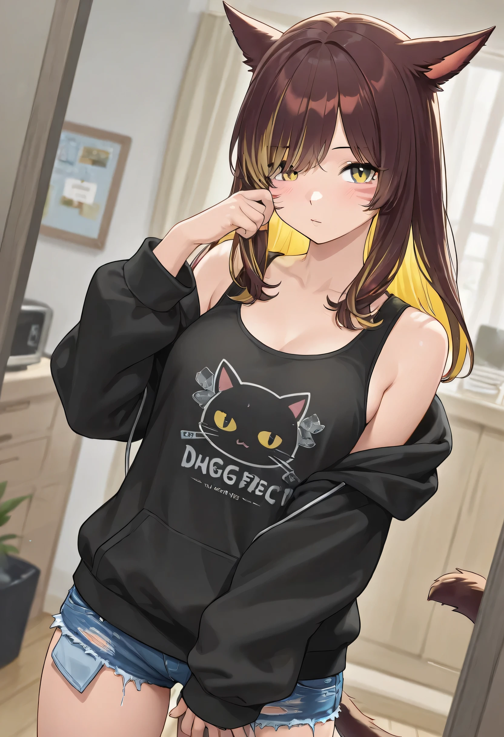 masterpiece,1girl, colored inner hair Brown hair Yellow hair, cat_ears, Black oversized hoodie, inner tank top, Hair on one eye, Long hair tips, Miqo'te, damage short denim 