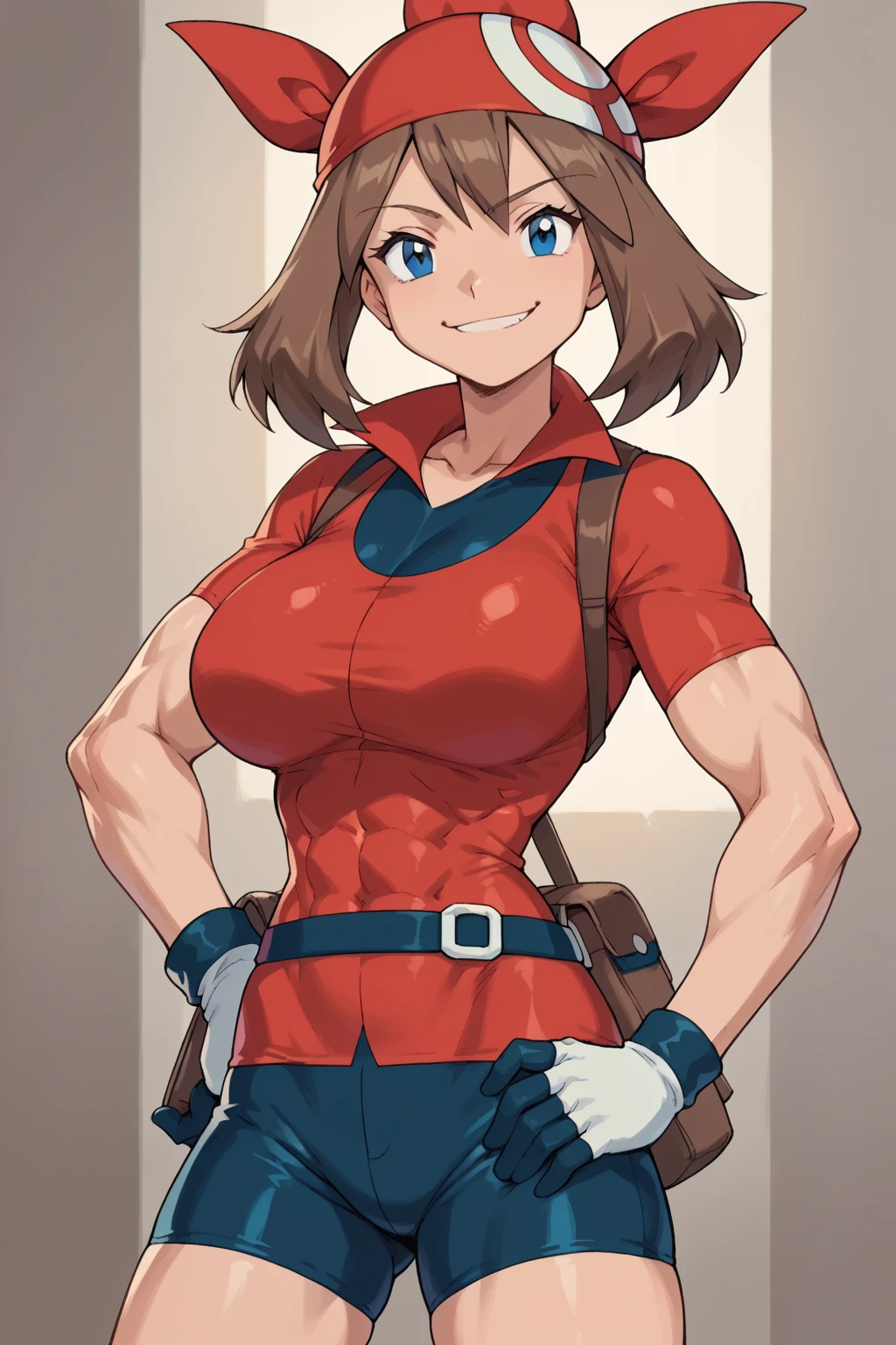 score_9, score_8_up, score_7_up, score_6_up, BREAK, pokemonmay, solo, blue eyes, brown hair, short hair, 
red bandana, red shirt, short sleeves, gloves, black shorts, open shirt, torso, smug smile, 
gigantic bust, toned, muscles, hourglass body, 
