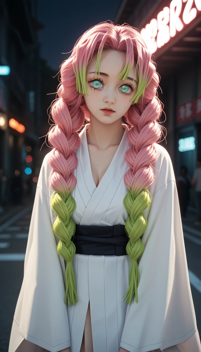          a detailed and beautiful portrait of a 16-year-old Japanese girl  , with healthy appearance , sexy expression , Bold pose,        detailed embroidery  ,      high quality, 8k,        realistic photo     ,       dramatic lighting   ,        vivid colors       ,(       masterpiece       ,         top quality       ,  :1.2),  (         cyberpunk urban scene illuminated by neon lights         ), (Alone:1.4), (         Elegant and cool      ),        Bright neon details        :1.3), (     serious expression       :1.1) ,         Confident and relaxed poses          :1.3),   holographic clothing for outdoor use         , (       dynamic lighting  ,   Mitsuri Kanroji is a young woman with bright green eyes underneath  ,   with long eyelashes   .   She has long pink hair mixed with neon green paint  ,   wearing three thick braids and five shorter locks falling over her nose like fringes.   Big breasts  ,  full body,  Character from the anime Kimetsu no Yaiba 
