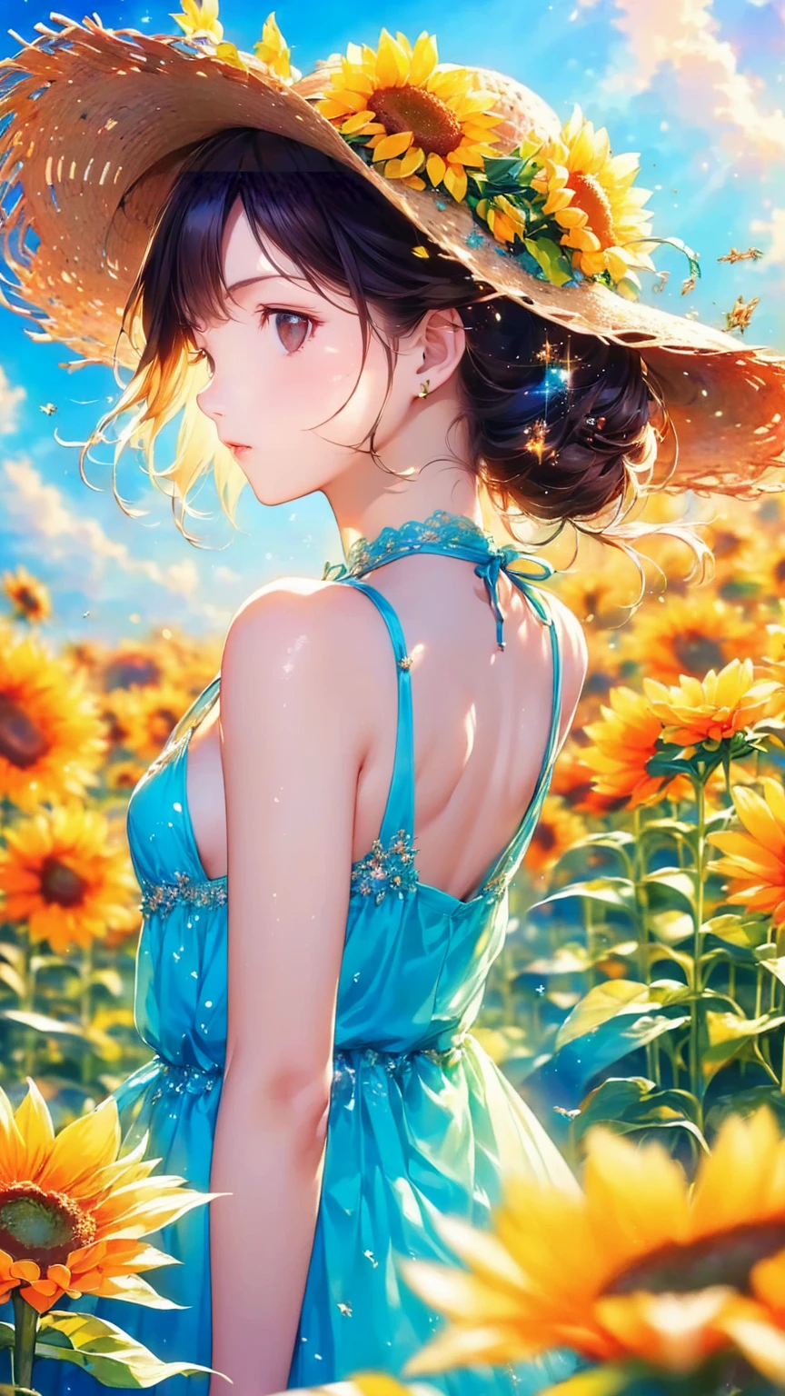 ( Extremely Detailed CG Unity 16k Wallpaper :1.1), (Denoising strength: 1.45), (tmasterpiece:1.37), (( A girl wearing a straw hat looking back at the sunflower field)), (Backlight), (Best lighting, Best Shadow,  very delicate and beautiful ), The girl at the center of the painting ,  small breasts, (( A sunflower with attention to detail )),   beautiful detailed sky  ,  perfect body, ( beautiful detailed face photographed outdoors),  Extremely delicate and beautiful girls , Sunflower fields at sunset, sunset,  black hair, Beautiful detailed clouds, ((( Highly Detailed CG Unity 8K Wallpaper , Ultra-, god rays, Sparkle,   shining centipedes , masterpiece,  top quality 