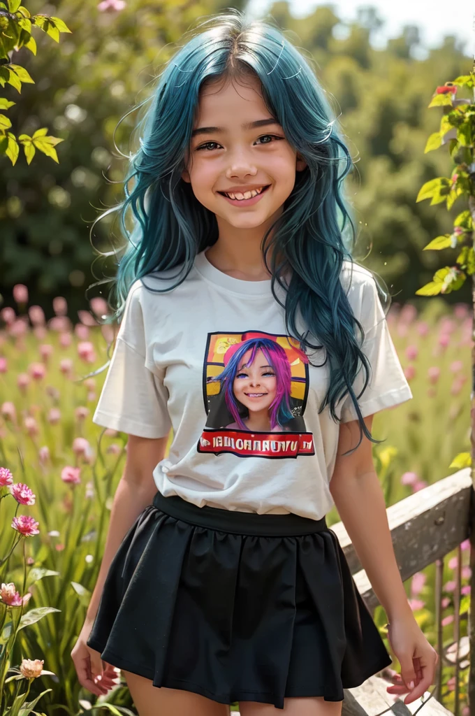 teenager, blue hair, small size, t-shirt, skirt, outdoors, smile
