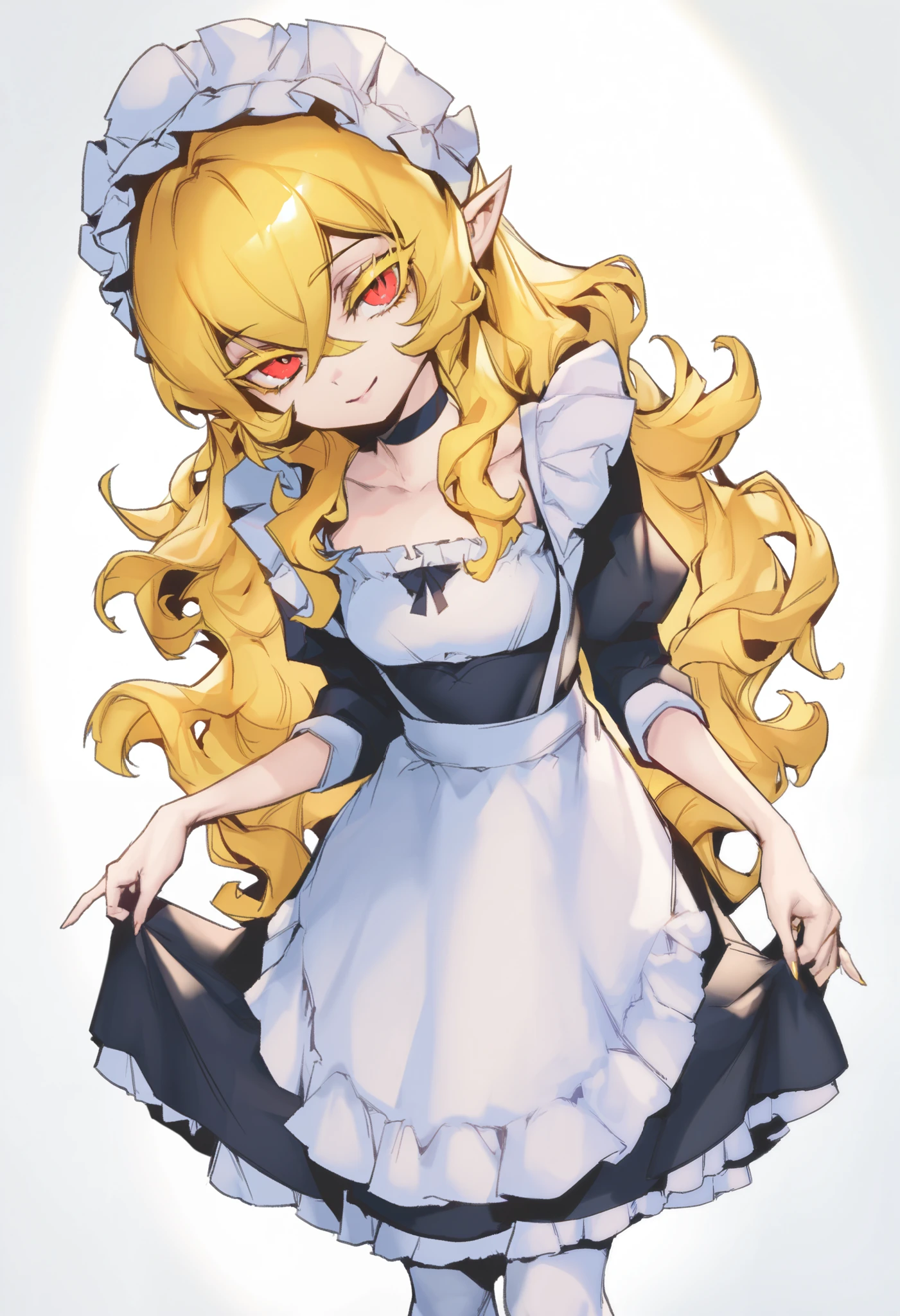 1girl, solo, phantom_ix_row_style, blonde hair, wavy hair, crossed bangs, hair between eyes, yellow eyelashes, red eyes, pointy ears, maid, English maid, apron, choker, frills, maid headdress, skirt hold, delicate hands, white pantyhose, neutral, smile, head tilt, serene, beautiful, upper body, sharp focus, looking at viewer, outlines, white background, masterpiece, score_9, score_8_up, score_7_up