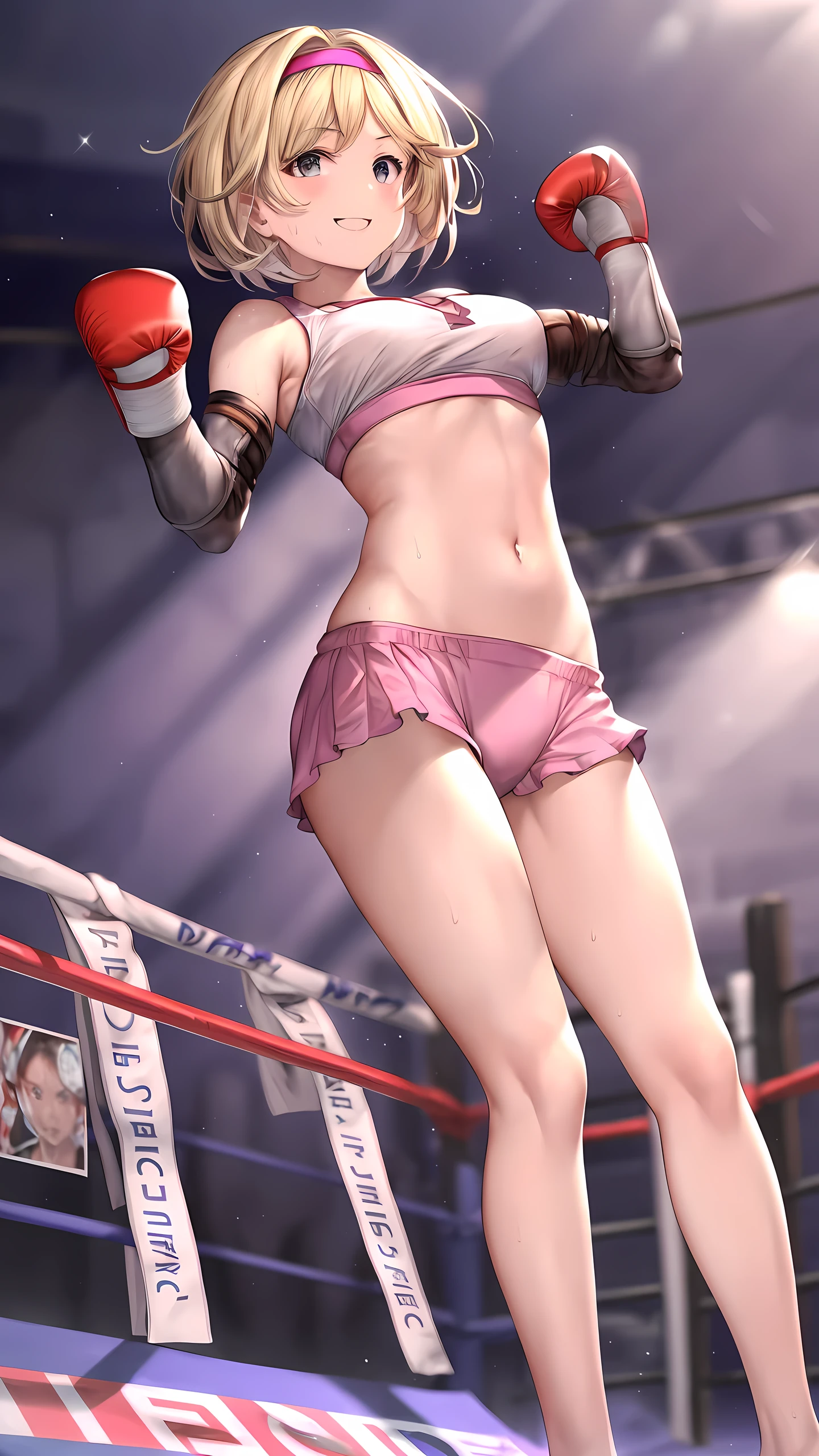 djeeta_(granblue_fantasy), 1girl, solo, Detailed eyes,(wearing sports bra:1.5, very short spats:1.5, bare thigh, mma gloves), (slim long legs), Perfect body,(Independent),(on boxing ring :1.5), smiling, Toned body, Ultra HD, Detailed eyes, Detailed face, full body shot, looking at viewer, (from below, victory poses:1.5, arm up), sweaty, twisting the waist,