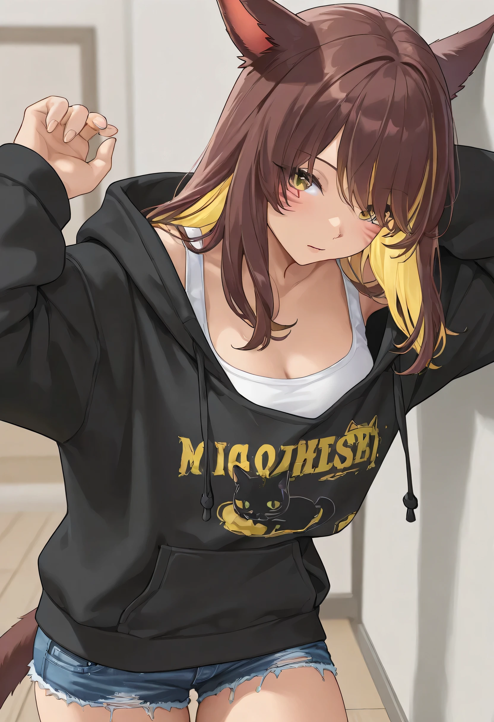 masterpiece,1girl, colored inner hair Brown hair Yellow hair, cat_ears, Black oversized hoodie, inner tank top, Hair on one eye, Long hair tips, Miqo'te, damage short denim 