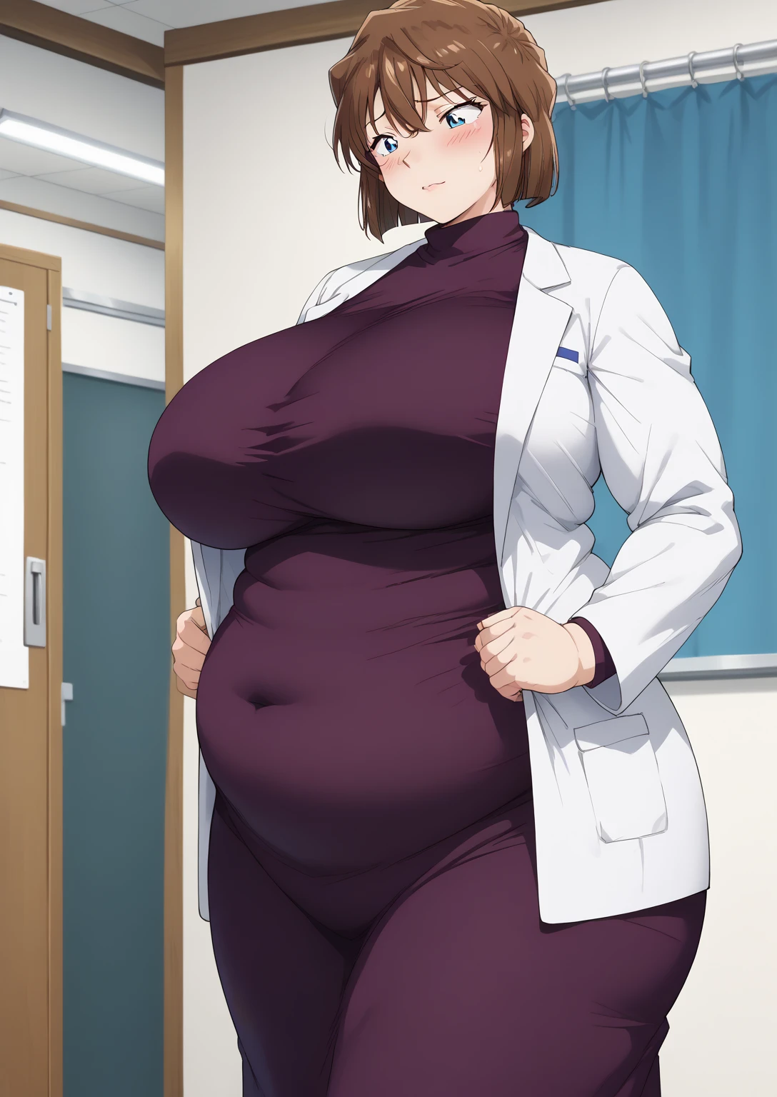 Shiho Miyano, Miyano Shiho, short hair,Brown Hair, blue eyes,hair between eyes,lab coat, Mulberry dress, long sleeve dress, mini skirt dress, score_9,   score_8_ up,   score_7_ up,   score_6_ up,   score_5_ up,   score_4_ up,     masterpiece   ,   top quality,     very aesthetic  ,    absurd,    source_Anime, Anime screencap,    one woman , Alone,   personal   ,  Super huge breasts, (((S uper huge クレビス, Super huge , Super huge boob))), Curvy,   in her 20s,  Mature Woman,   obese , ,  troubled expression,  ssbbw,  embarrassed expression, 