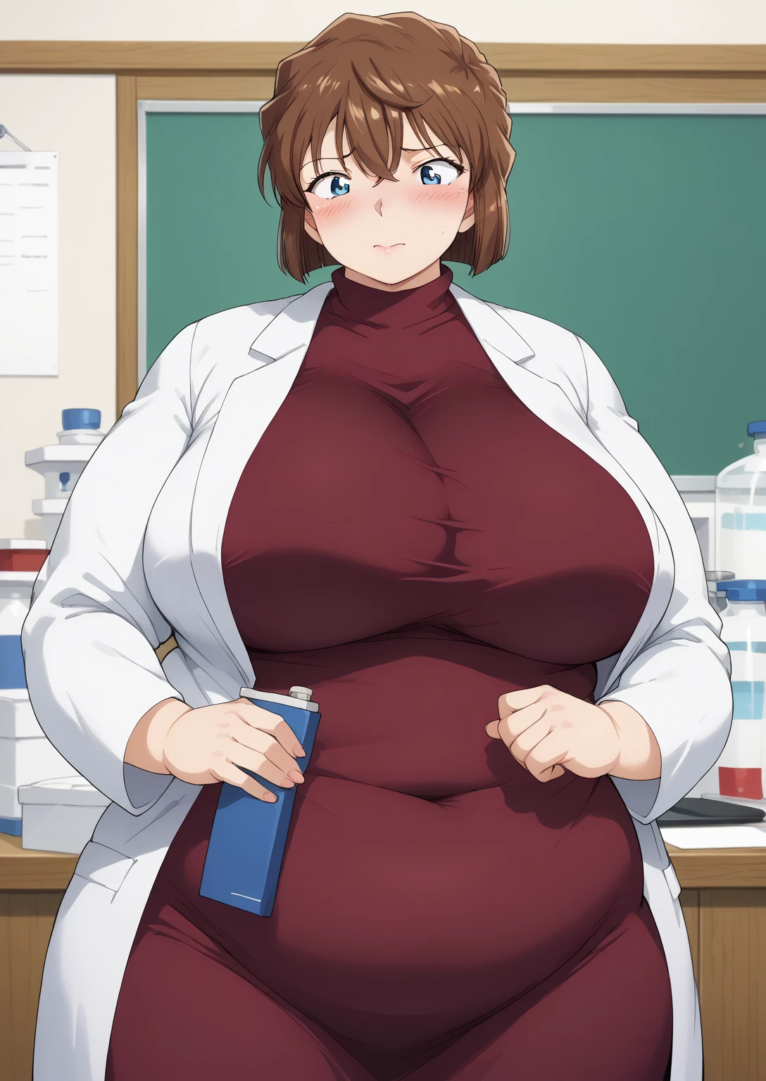 Shiho Miyano, Miyano Shiho, short hair,Brown Hair, blue eyes,hair between eyes,lab coat, Mulberry dress, long sleeve dress, mini skirt dress, score_9,   score_8_ up,   score_7_ up,   score_6_ up,   score_5_ up,   score_4_ up,     masterpiece   ,   top quality,     very aesthetic  ,    absurd,    source_Anime, Anime screencap,    one woman , Alone,   personal   ,  Super huge breasts, (((S uper huge クレビス, Super huge , Super huge boob))), Curvy,   in her 20s,  Mature Woman,   obese , ,  troubled expression,  ssbbw,  embarrassed expression, 