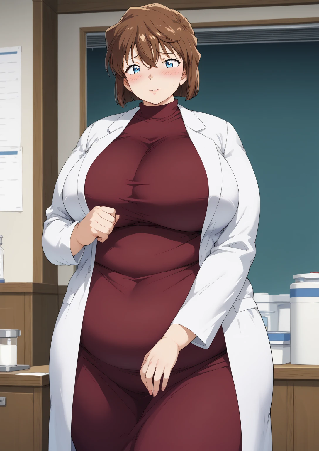 Shiho Miyano, Miyano Shiho, short hair,Brown Hair, blue eyes,hair between eyes,lab coat, Mulberry dress, long sleeve dress, mini skirt dress, score_9,   score_8_ up,   score_7_ up,   score_6_ up,   score_5_ up,   score_4_ up,     masterpiece   ,   top quality,     very aesthetic  ,    absurd,    source_Anime, Anime screencap,    one woman , Alone,   personal   ,  Super huge breasts, (((S uper huge クレビス, Super huge , Super huge boob))), Curvy,   in her 20s,  Mature Woman,   obese , ,  troubled expression,  ssbbw,  embarrassed expression, 