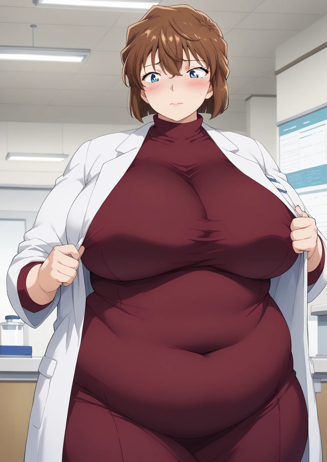 Shiho Miyano, Miyano Shiho, short hair,Brown Hair, blue eyes,hair between eyes,lab coat, Mulberry dress, long sleeve dress, mini skirt dress, score_9,   score_8_ up,   score_7_ up,   score_6_ up,   score_5_ up,   score_4_ up,     masterpiece   ,   top quality,     very aesthetic  ,    absurd,    source_Anime, Anime screencap,    one woman , Alone,   personal   ,  Super huge breasts, (((S uper huge クレビス, Super huge , Super huge boob))), Curvy,   in her 20s,  Mature Woman,   obese , ,  troubled expression,  ssbbw,  embarrassed expression, 