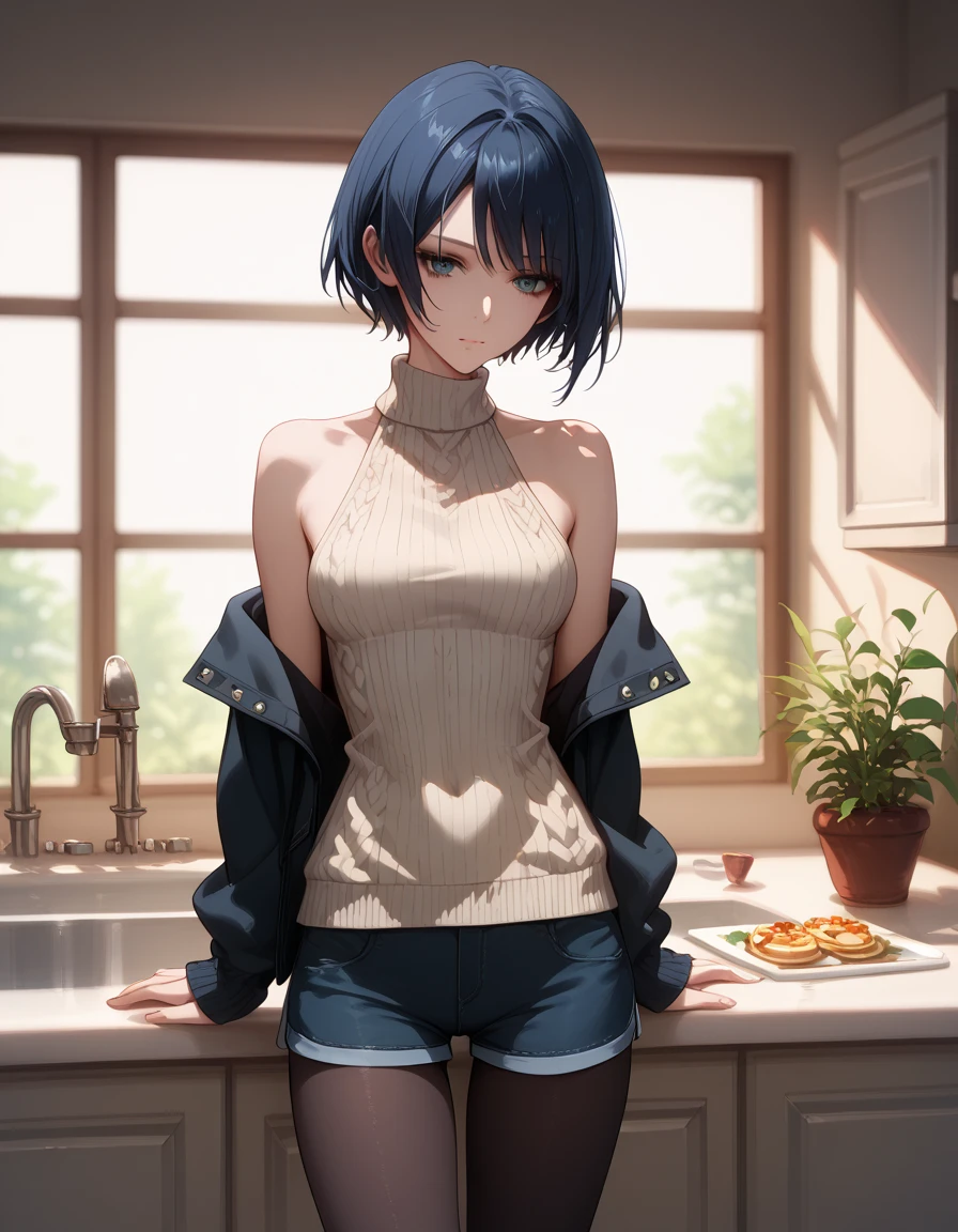  tights,    high definition   , One,  masterpiece fails,    top quality ,  duration, Homemade jacket, thin sweater,  short shorts ,  short hair , long hair on the sides, DARK BLUE HAIR, thin sweater, in the kitchen,  bare shoulders are visible