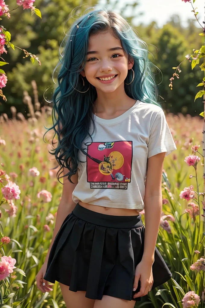 teenager, blue hair, small size, t-shirt, skirt, outdoors, smile 