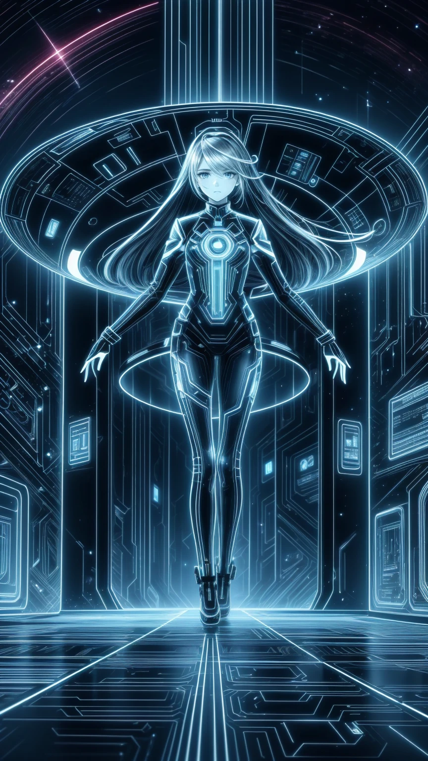  A female starship crew member amidst dematerialization inside a futuristic Star Trek-style transporter,  rings of light move horizontally around it ,  your legs are semi-transparent as it disappears ,  your body blinking between existence and non-existence . Its shape shines ,  with particles and beams of light breaking its silhouette into small ,  shiny fragments ,  dissolving slowly in ambient energy .  She is in a confident pose ,  the uniform partially visible as parts of your body materialize .  The transporter chamber is elegant and metallic ,  with rings of bright blue energy revolving around it .  The beams of light spread ,  projecting reflections on the metallic floor ,  creating a surreal , ethereal atmosphere.  The scene captures both the mystery and the wonder of teleportation technology ,  with soft highlights and bright energy patterns illuminating your face ,  which transmits calm and concentration .  