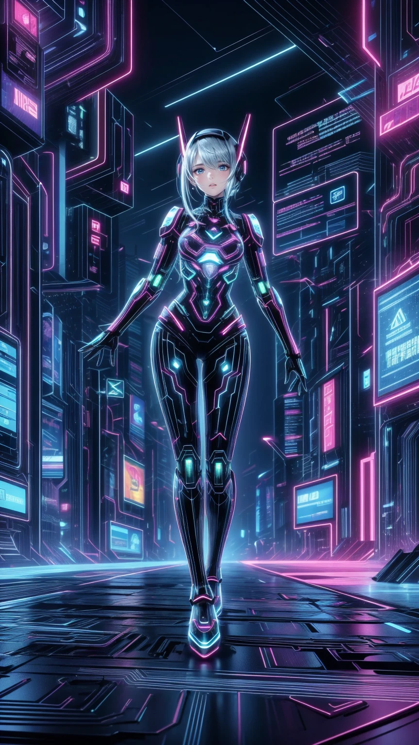  8K Ultra HD , masterpiece,  beautiful girl,  detailed eyes, Good face,  detailed eyesbrow,  cyberpunk outfit,Green clothes,  cyberpunk,  cyberspace,  cyberpunk shining background, neon effect , Spreading Light,  Red lighting , Captured the whole body, full body , yellow eyes,Cyborg parts , robot  ,