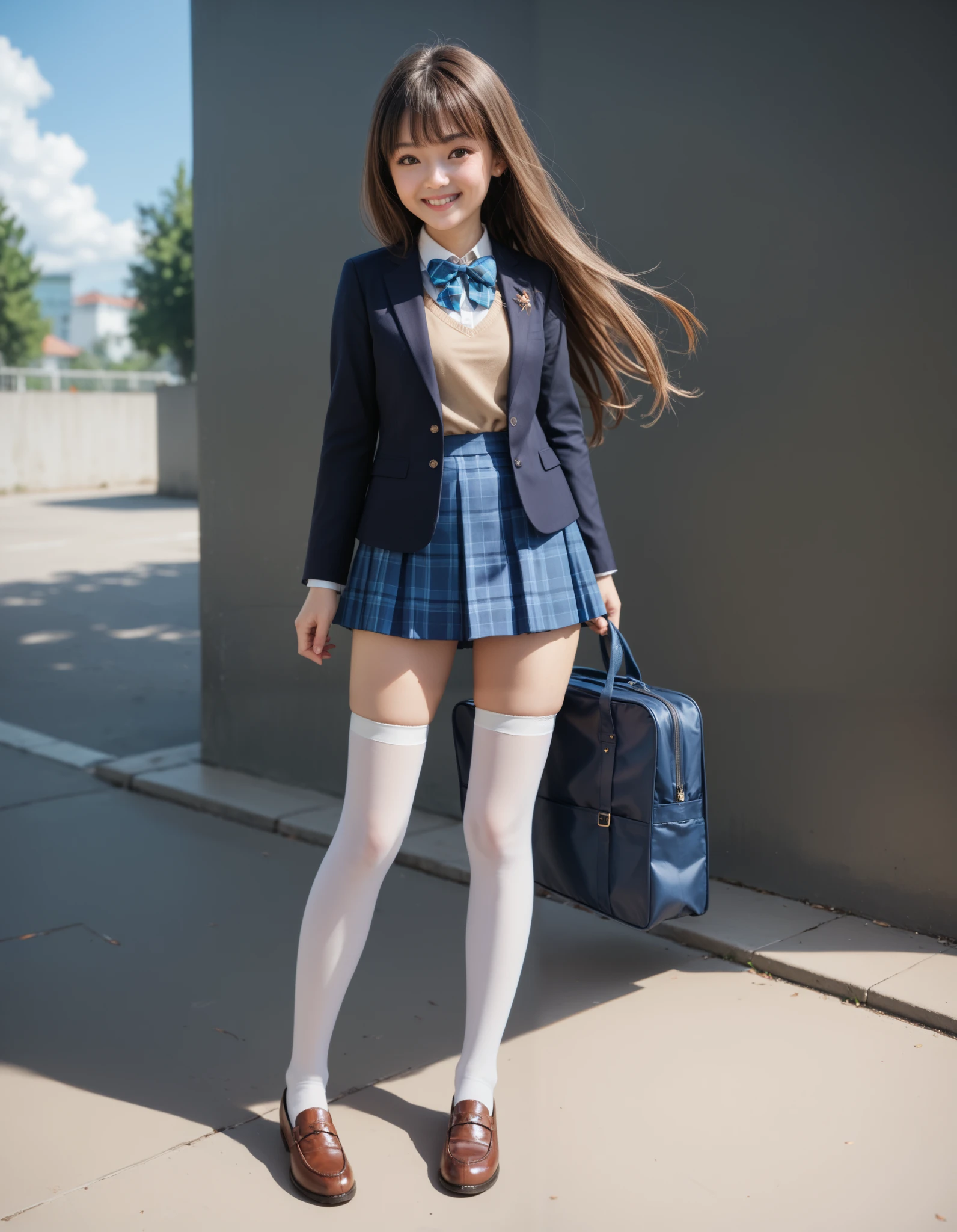Masterpiece, hd, realistic, European girl, 1girl, short body, Slender body, small , thing leg, black long hair and brown eyes, Chinese girl, wearing white collared shirt, black color blazer, light brown vest, opened jacket, blue bowtie, wearing blue skirt, miniskirt, plaid skirt, small  girl, cute girl, cute character,  smile, Standing, fullbody , wearing white thighhighs, brown shoes, outdoor, school background, holding school bag, blue bags