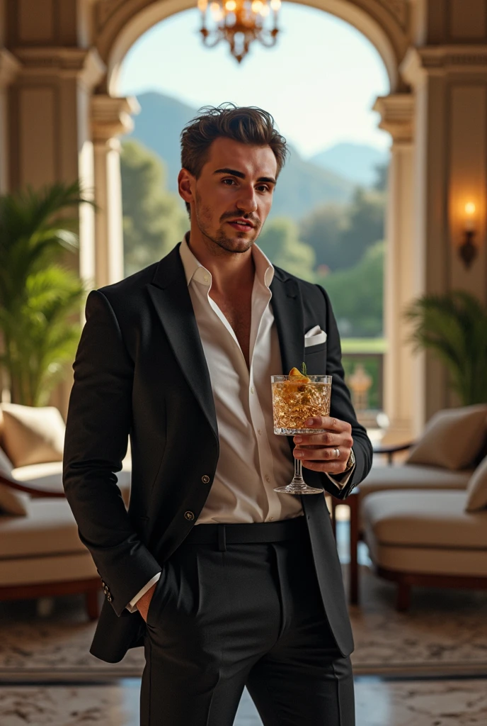 as a male actor at a fancy vila , with coctail