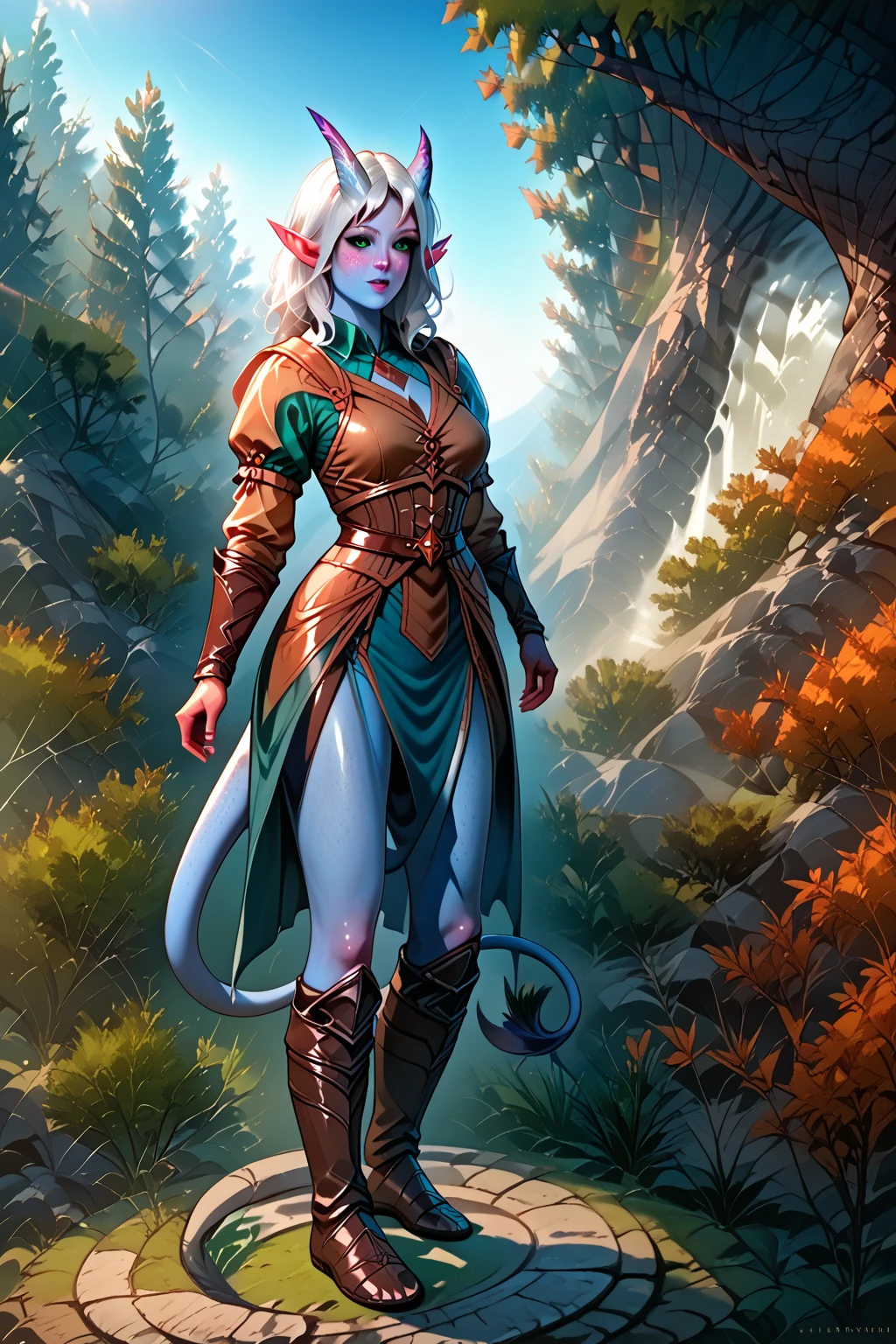 Tifling girl with azure blue skin , sharp, like an elf , ears,  tail. Medieval armor.  Expressive black eyes complement its bright appearance. Her long white hair is loose and disheveled.   She is dressed as a poor farmer from the fantasy world .  full length. forest in the background, medieval settlement . 