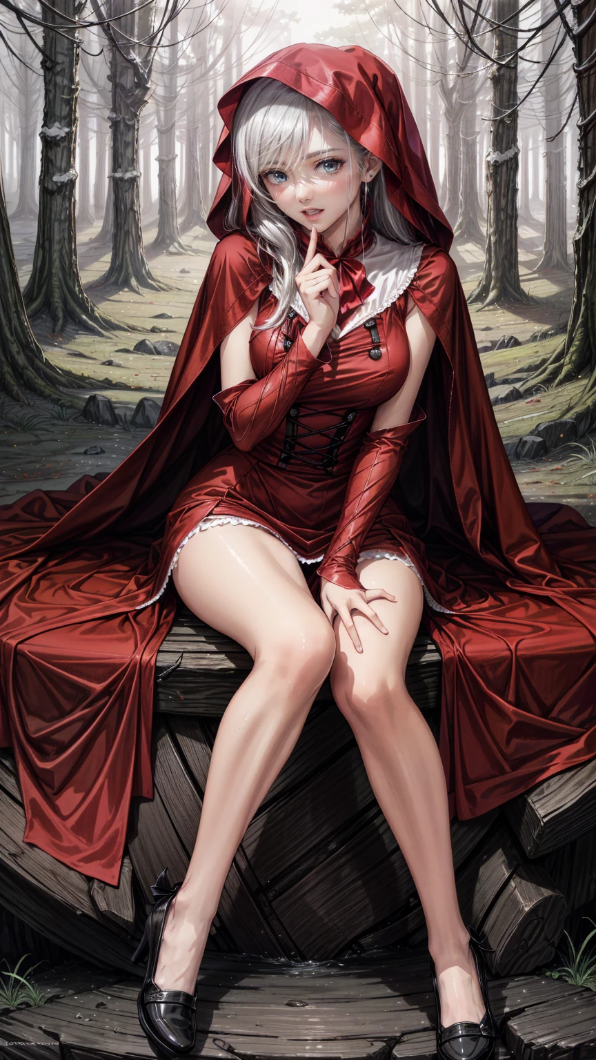 top quality,  top quality ,  High Definition , An exceptional masterpiece, perfect artwork,  There are paid benefits  , anime girl in  Little Red Riding Hood sitting on rock in forest, Anime picture by Shi Tao ,  pixib,  Fantasy Art ,  black and white pictures in a red dress ,  Little Red Riding Hood,  wearing a beautiful red cloak , little  Little Red Riding Hood, thief  Little Red Riding Hood,  beautiful anime style art, High quality anime art, High quality anime artstyle, at  pixib,  Monochrome ,