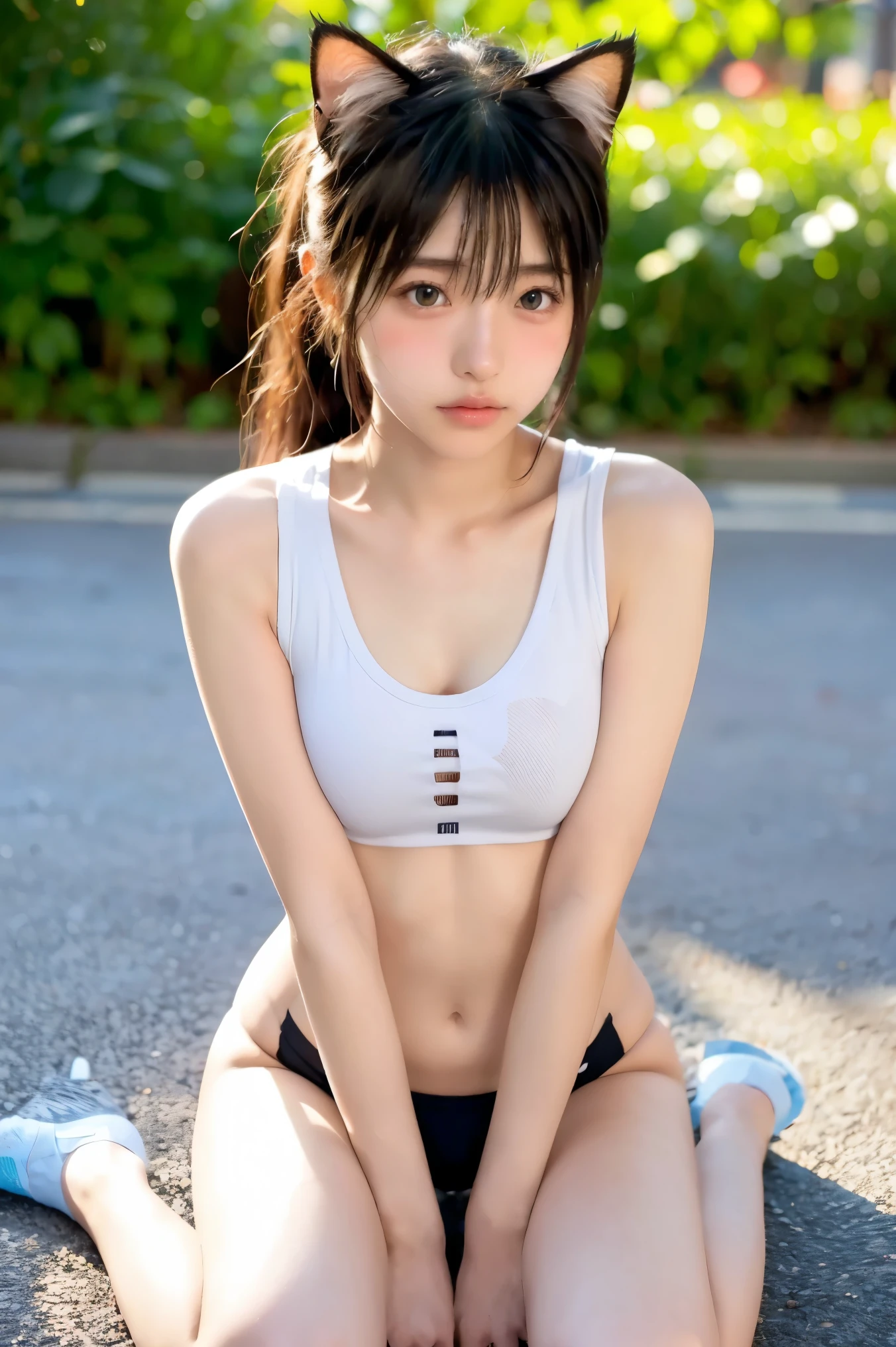 Beautiful Japanese idle, plump breast, squatting in seashore, sundown, from below, cat ears, summer  ,