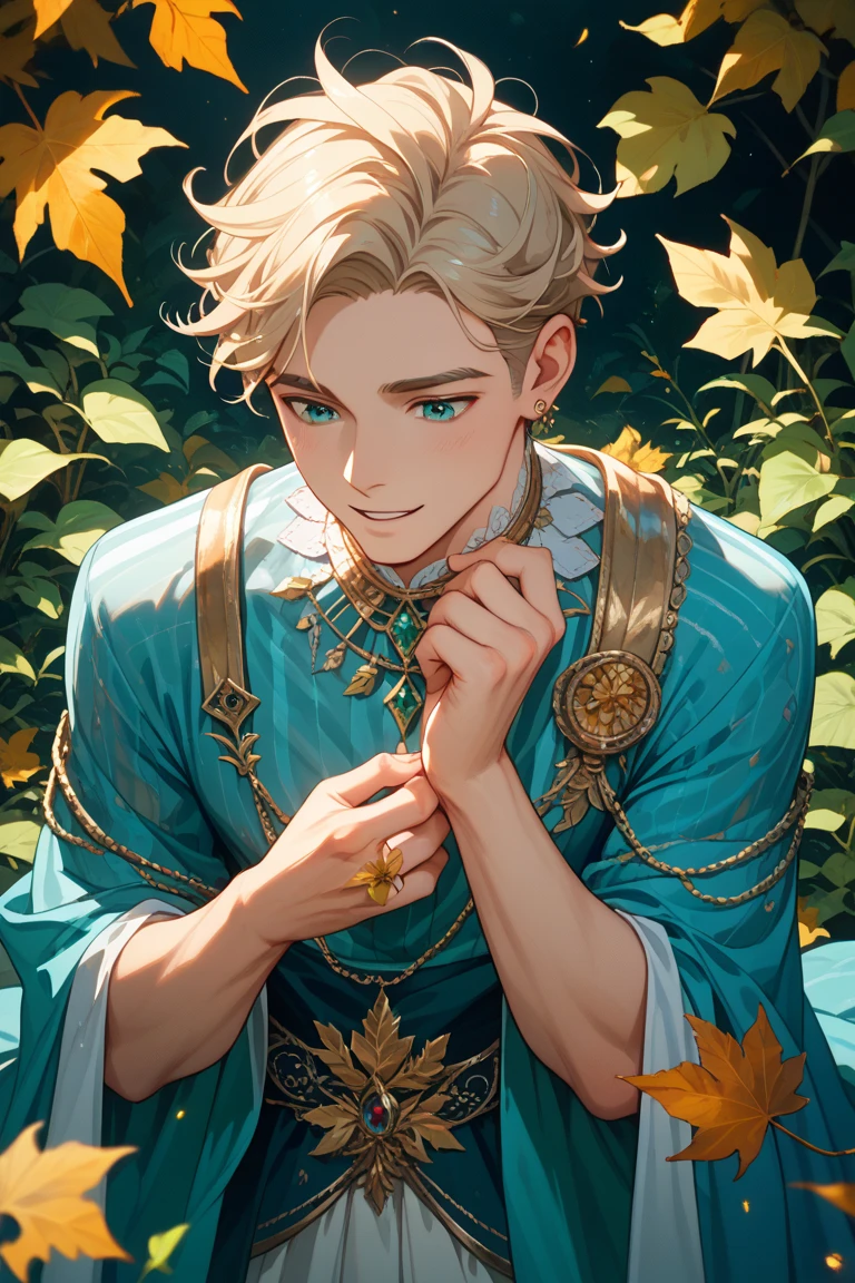 ((absurdres, highres, ultra detailed), 1 boy, young boy, handsome boy villain character from witch academia, detailed hair with detailed headgear ornaments, detailed short hair, anime eyes, bangs, detailed mage clothes with brown cape with little purple details showing, showing chest on creases, crop top, finely detailed eyes red details showing and detailed face, smirk, dimples, extremely detailed CG unity 8k wallpaper, blue details on side, intricate details yellow details on left, portrait, ruin of pink roses, market theme, showing lot of skin, from below, 1:1 , eyes on viewer, detailed houses town scenery background