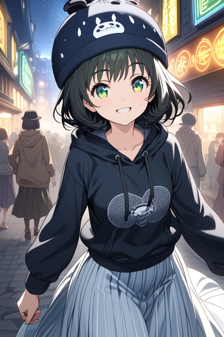 {{{masterpiece}}}, {{{ top quality }}}, {{ Ultra Detailed }}, { beautiful,  detail eyes},  One girl , Alone, (( black hair)),  bob cut, (( green eyes)), (wavy hair ), (pattsun maegami), Black headphones, ( cute black patterned hoodie), cute black patterned hat,( cute black long skirt), is a smiling face ,tooth,pattsun maegami,Midea, Black Hoodie , jade colored eyes, Night Town,
