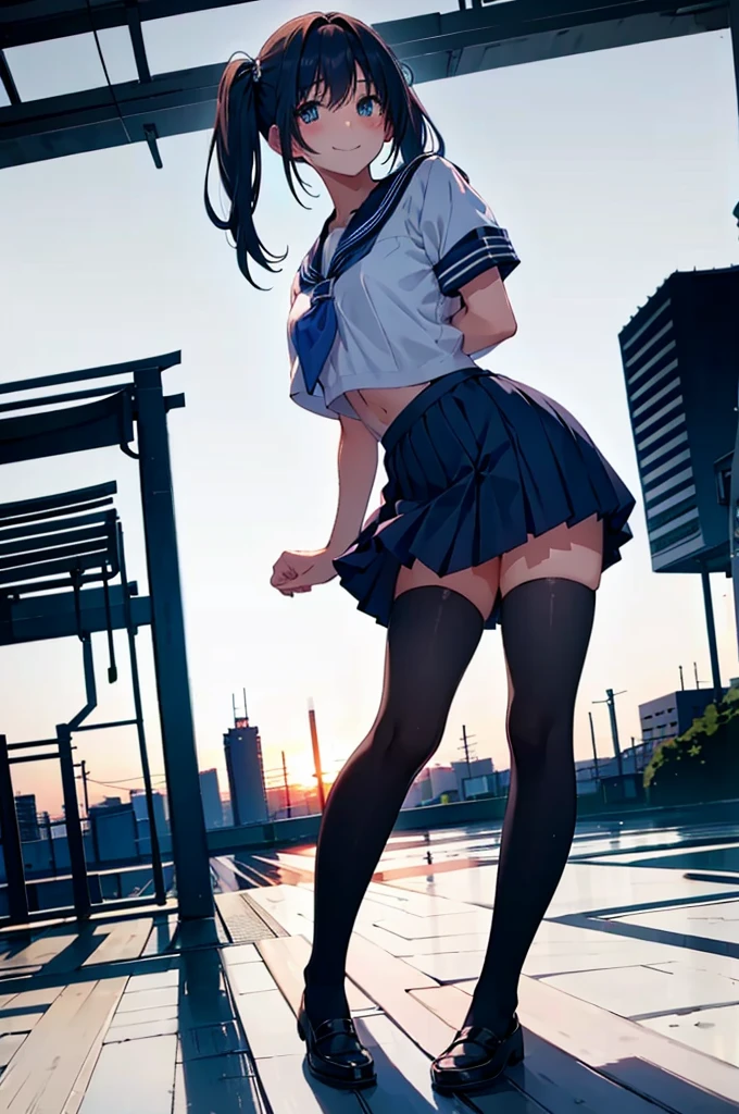 a cute femboy ,solo,traps,twintail hair,medium breast,redface,shy,embrassed,smile,japan sailor school uniform,blue skirt,black pantyhose,standing sexypose in a city at sunset time, full body.