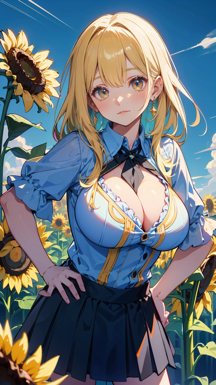  beautiful女の子が猫の耳をつけ、 wearing only clothes that are too big , Big Breasted Shirt 、Big Breasts、 With hands on hips、 Proud 、  beautiful、 functional、、 seductive 、 Overflowing sexual appeal 、warm sunshine 、 clear blue sky 、 A field of large sunflowers  、