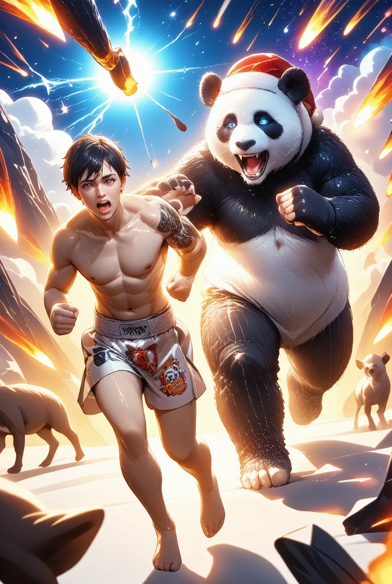 Reindeer and Panda Battle, Muay Thai fighter vs. terrifying man-eating panda, Slightly scientific illustrations, Knockout, Countdown bell, Geometrical pattern, Universe, Energy, Scent of Roses, Battle of the Girl and the Panda, Illustration, dedicated to Panda, ZIMA, Vivid illustrations like Gustav Klimt's, Apple Pie Scent, Panda dressed as Santa Claus, Girl dressed as Santa Claus, 7, City
