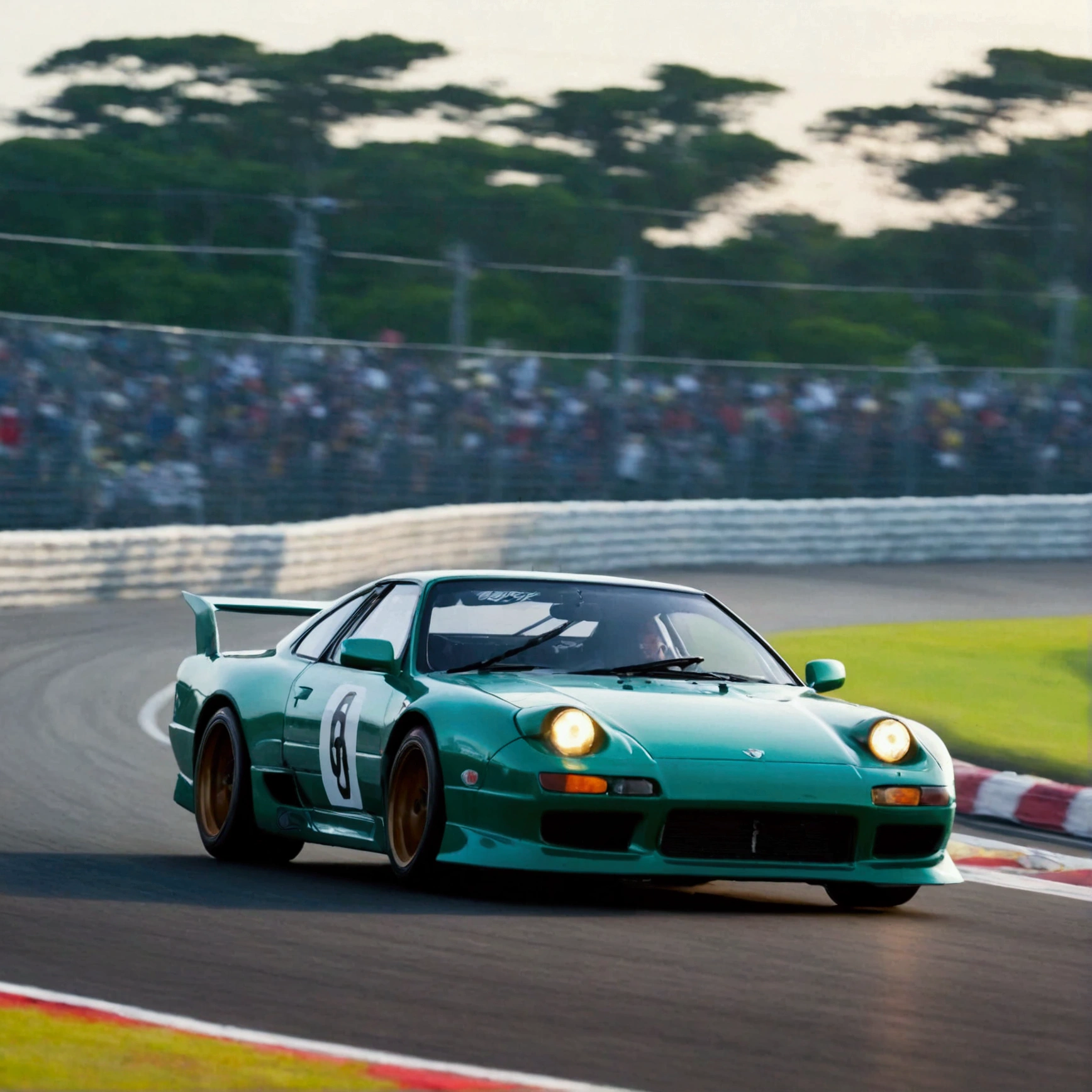 there is a blurry photo of a car driving on a race track, nico tanigawa, panning shot, masami suda, makoto kobayashi, motorsports photography, cinematic shot ar 9:16 -n 6 -g, hiroyuki kato, masashi kishimoto, motor sport photography, naoki ikushima, blurry light particles