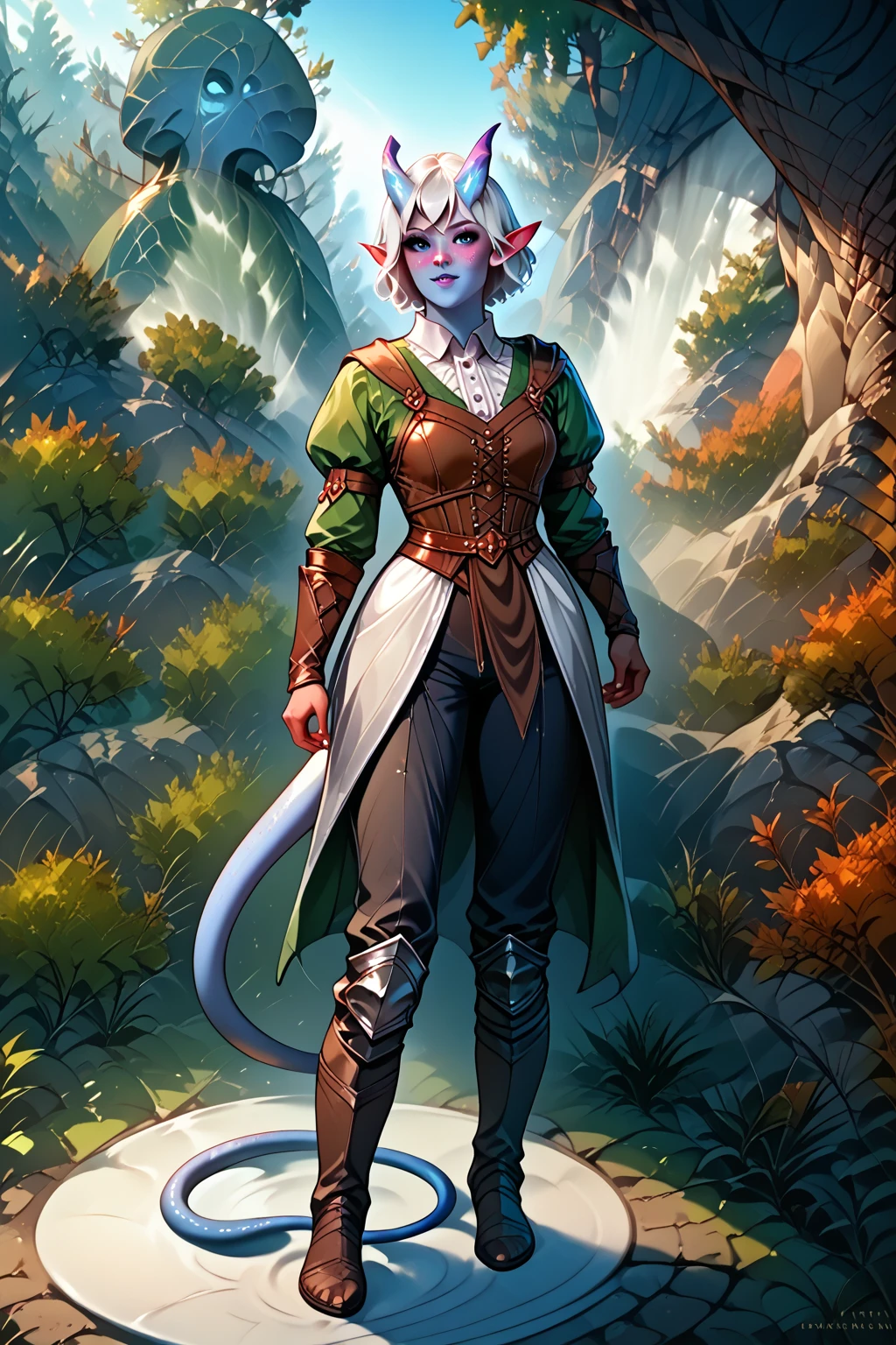 Tifling girl with azure blue skin , sharp, like an elf , ears,  tail. simple medieval armor, black pants.  Expressive black eyes complement its bright appearance. Her long white hair is loose and disheveled.   She is dressed as a poor farmer from the fantasy world .  full length. forest in the background, medieval settlement . the bard.