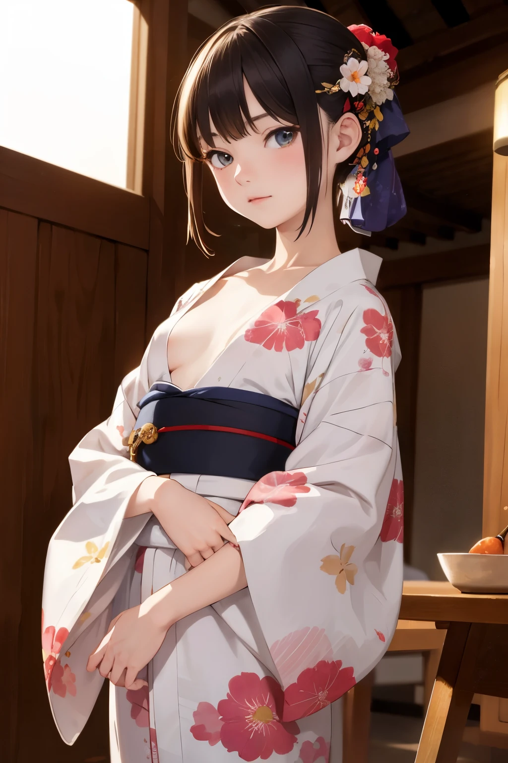 highest quality、High resolution、Detailed Background、(beautiful face in every detail:1.4)、Anatomically correct、(Draw the normal number of fingers:1.2)、(Detailed facial expressions)、(Fine grain:1.2)、(Fine grain:1.2)、beautiful, Smooth Skin、age Beauty、(Highly detailed face:1.4)、Cute hair colors、ponytail、Bobcut、well-groomed eyebrows、Emphasizing cuteness and femininity、Do cute things、Fits on one screen、smile、Less exposure、Show your whole body、

(I work at a Japanese restaurant..:1.5)、

By combining a cute Japanese-style uniform with hakama and lace-up boots,, Create a modern and unique style.、We recommend bright colors and floral patterns for your hakama..、

Wearing a colorful haori over a hakama、It will give you a more unique and cute impression..、
Floral pattern and bird pattern、Patterned designs are recommended, Animal prints etc..、
By matching the colors of the hakama and haori, It can create a uniform look.、

Pairing comfortable lace-up boots with hakama creates a modern and unique look..、The color of the boots、Please choose your kimono considering the harmony and contrast with your hakama.。.、
If the color of the hakama is light, Choose white or pastel colored boots to accentuate your cuteness.、

(flat chest:1.5)

Japanese-style uniforms become even cuter when you add hair ornaments and accessories..、Flowers and ribbons、Use Japanese style hair pins to style your hair., wait.、By matching the pattern and color of the hakama, You can create a balanced look.、
Try coordinating a cute kimono with hakama and lace-up boots..
